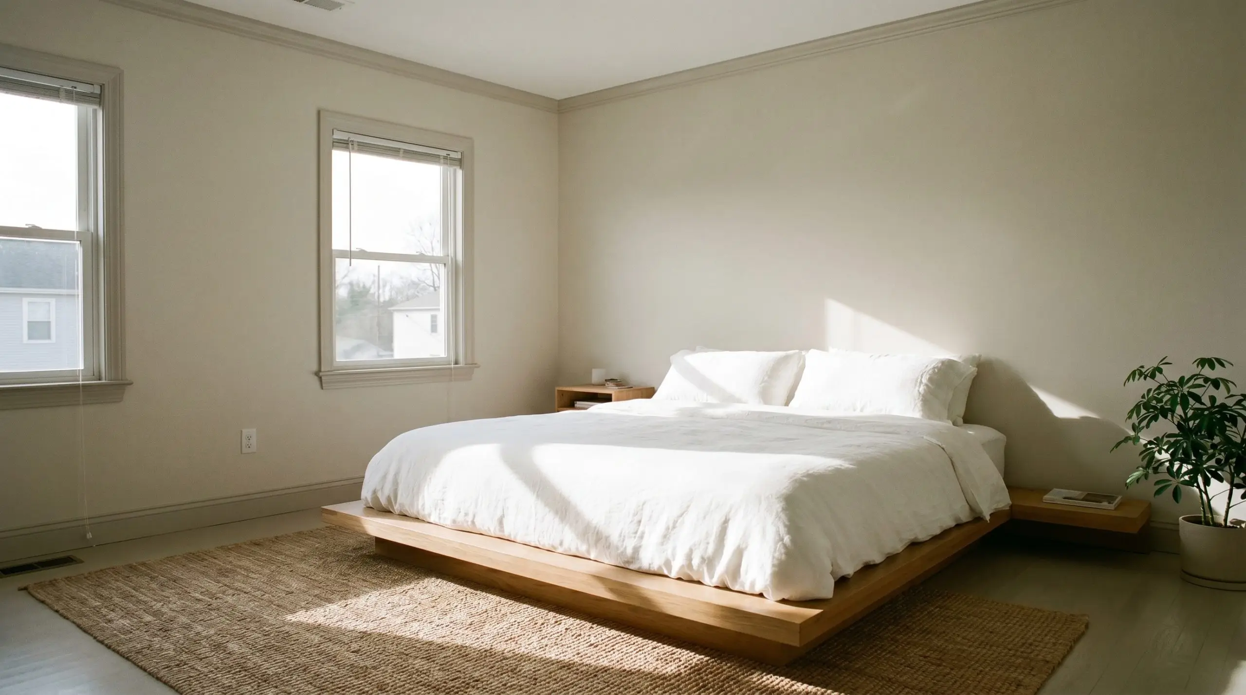 A low-profile platform bed with crisp white linens sits in a minimalist room featuring light greige primary walls and warm mushroom painted trim.