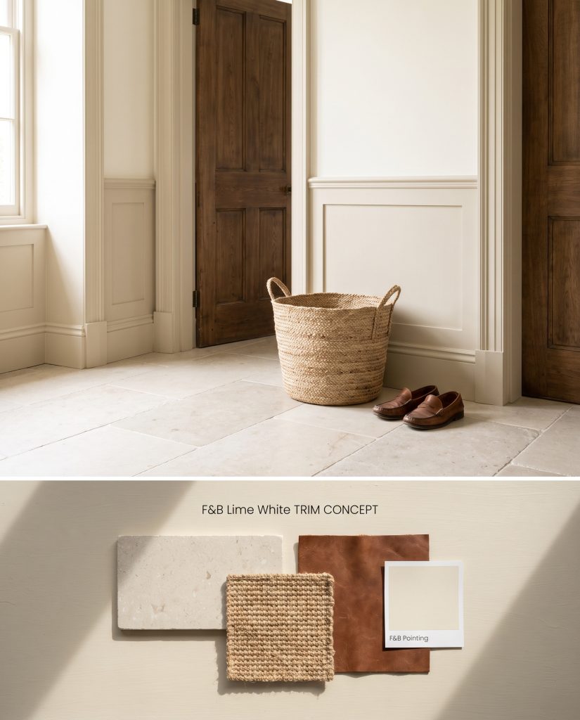 A split visualization tool displaying deep baseboards and wall paneling in a soft neutral above, paired with honed limestone and brown leather below.