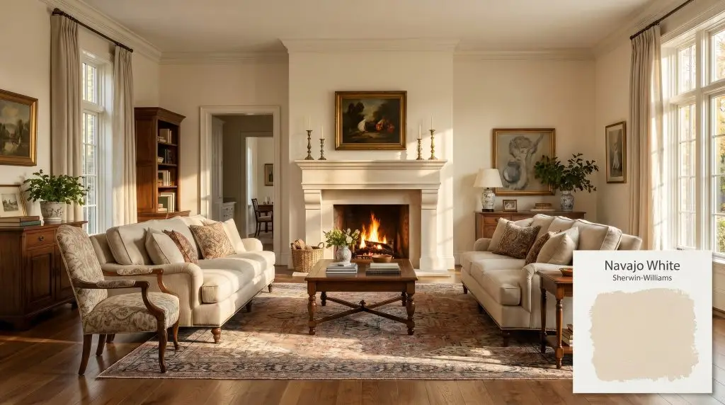Neutral linen upholstery faces a classic limestone fireplace in a traditional living room finished with Sherwin-Williams Navajo White (Hex #E9DCC6).