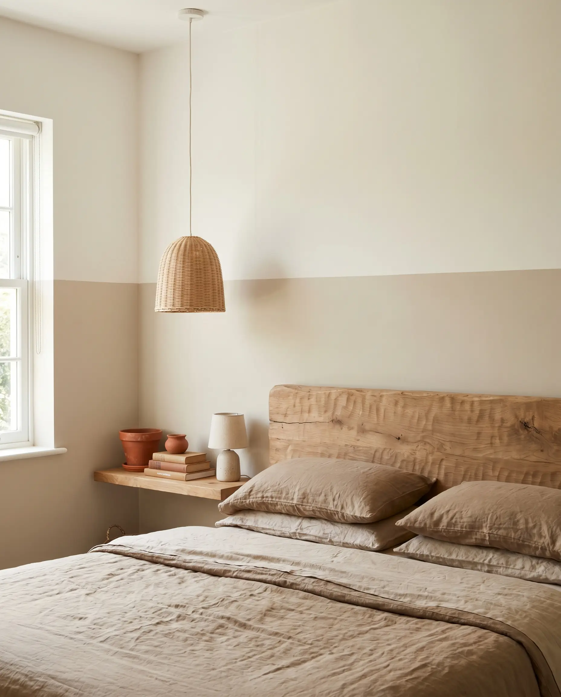 A tactile artisan-crafted wooden headboard rests against a limewash putty lower wall section that meets a creamy white painted upper wall.