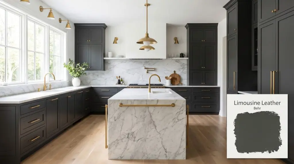 Large windows cast bright natural light over white marble countertops and custom cabinetry painted in Limousine Leather (Hex #3b3c3b) with brass hardware.