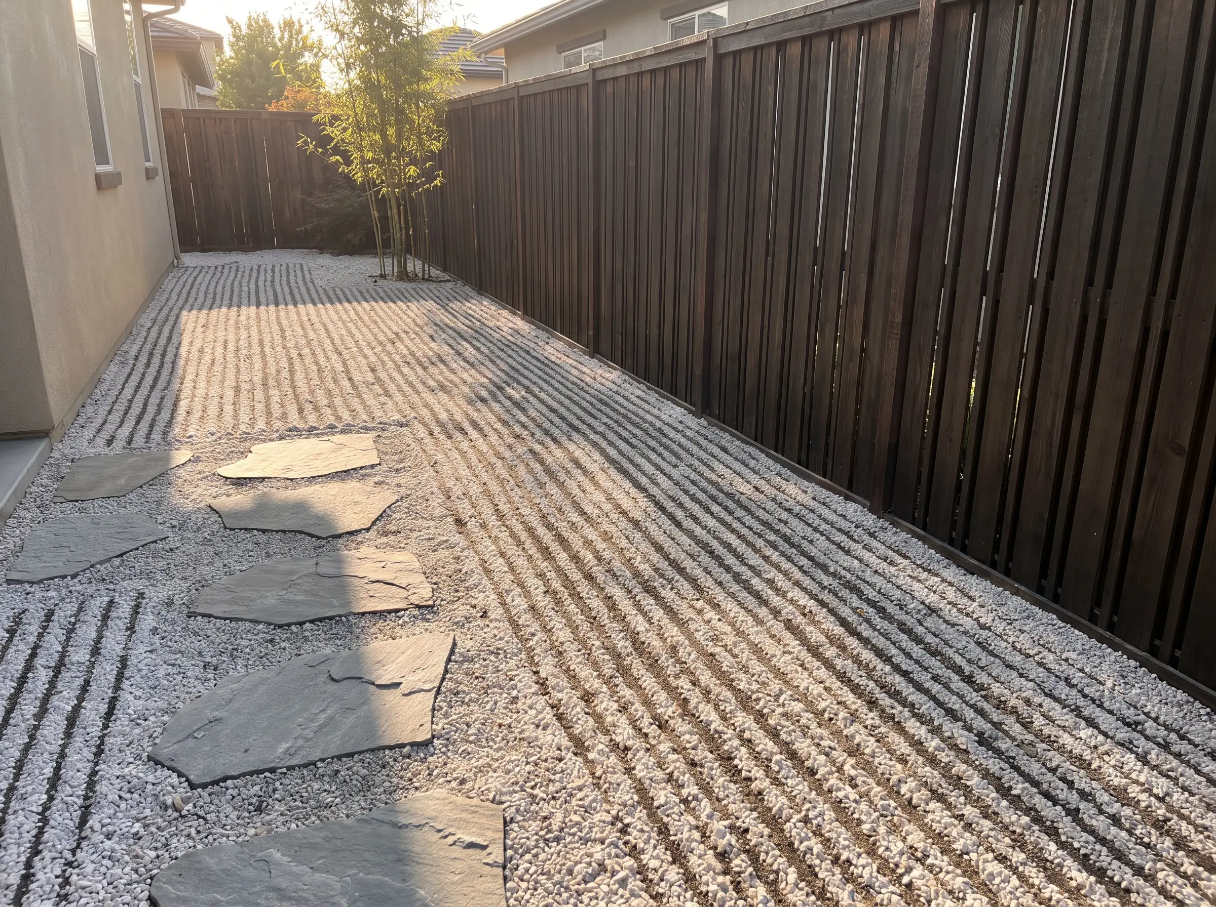 Long unbroken linear raked channels in crushed white stone run parallel to a sleek modern wooden boundary fence alongside low-profile stepping stones.