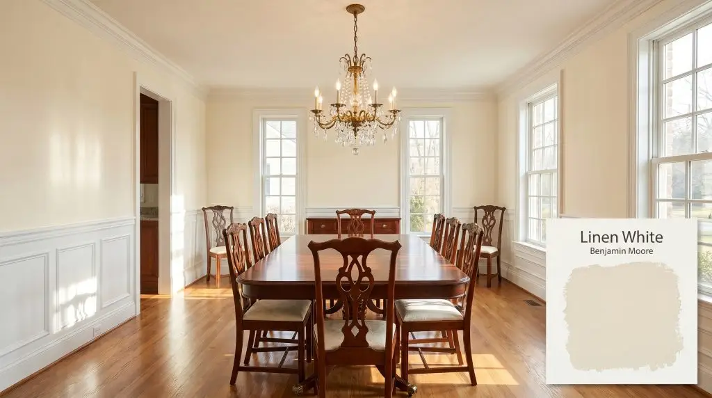 A classic dining space showcasing a mahogany table, white wainscoting, and an elegant chandelier, illuminated by Benjamin Moore Linen White (Hex #F2EBDA).