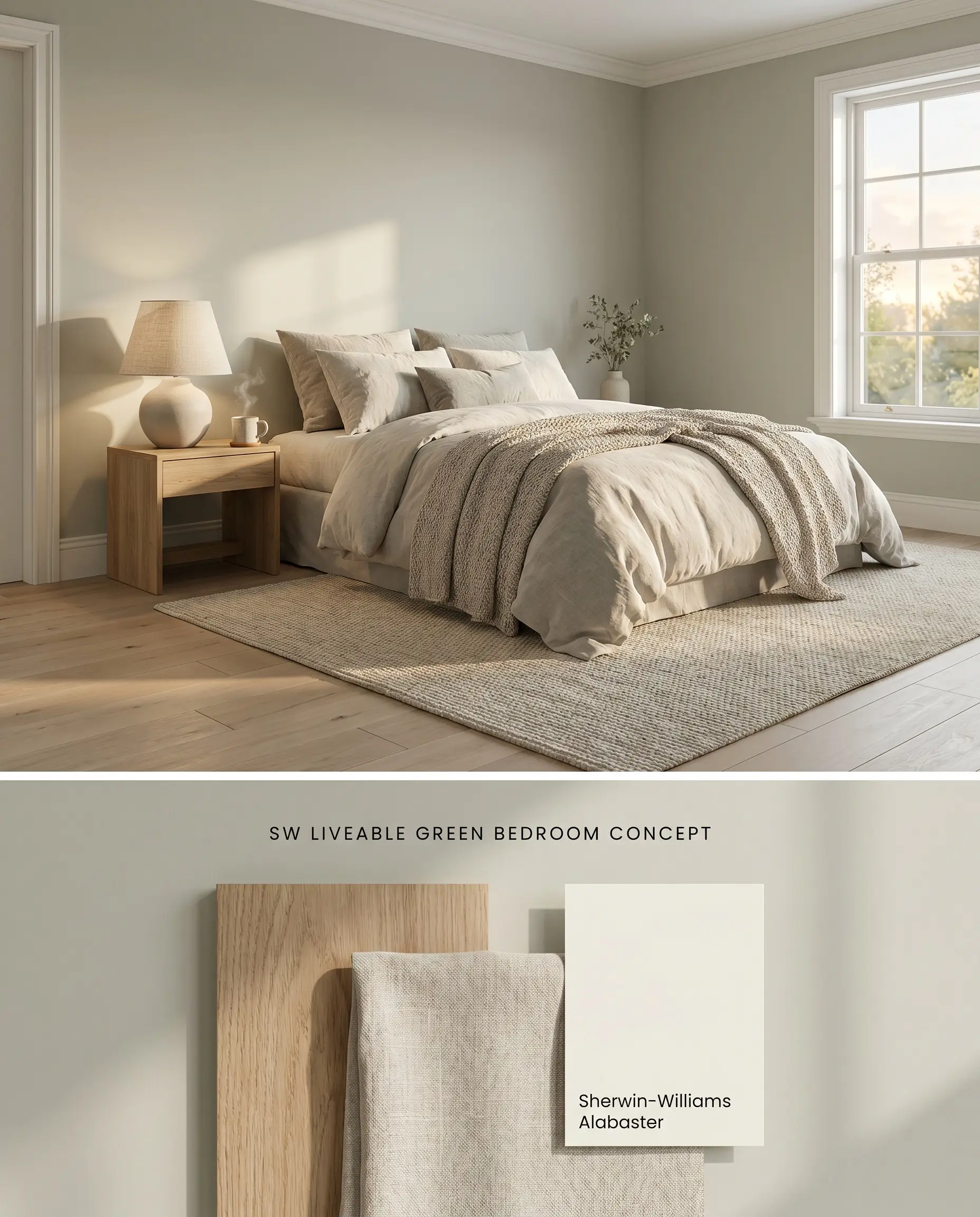 A composite conceptual board for a serene bedroom combining Liveable Green walls with Alabaster trim on top, and tactile oak and linen samples below.