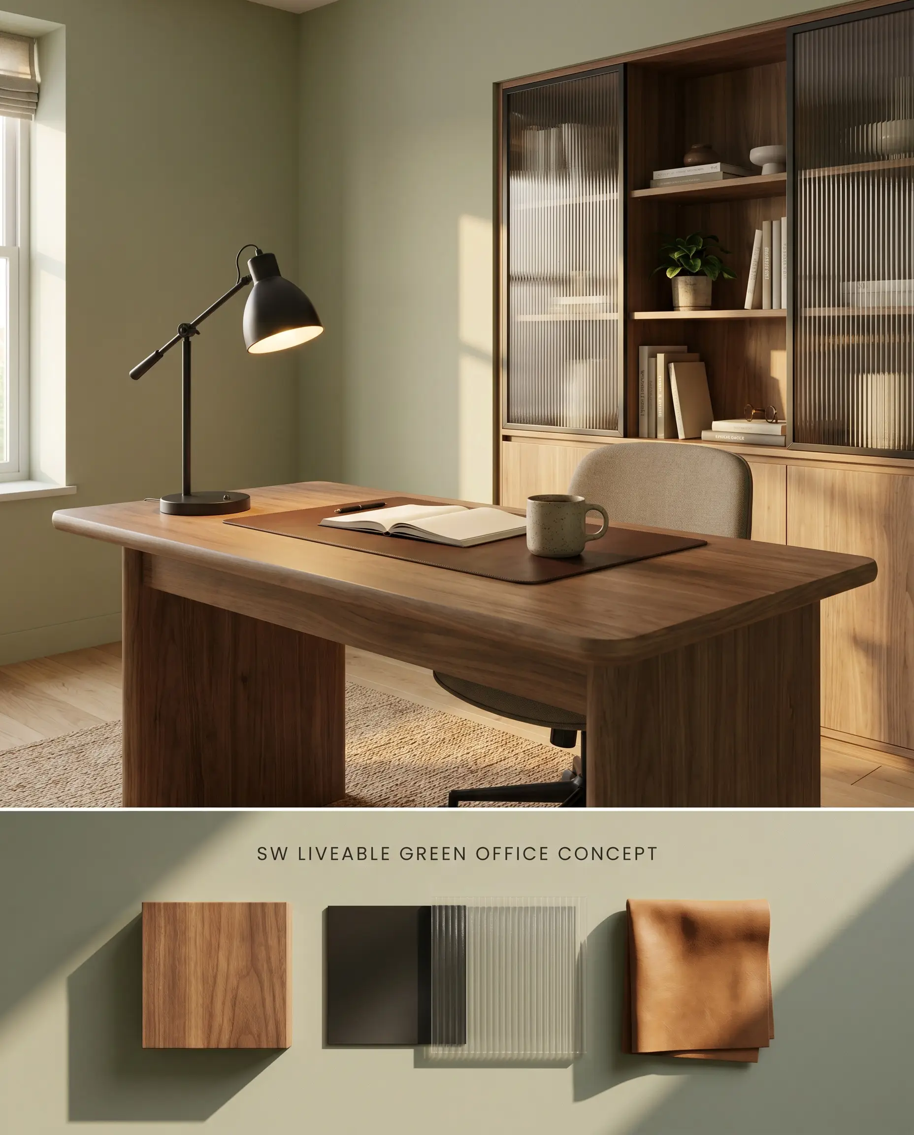 A dual-section conceptual board for a home office displaying Liveable Green walls and a walnut desk on top, paired with steel and leather textures below.