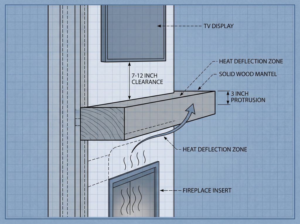 An architectural graphic diagram of a living room with fireplace and tv stack illustrates a solid mantel protruding three inches to deflect heat from the screen.