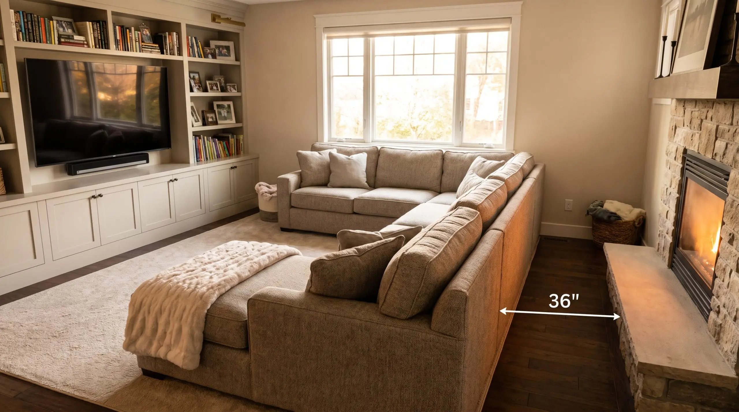 An L-shaped sectional sofa with a low back profile divides a living room with fireplace and tv, creating a natural walkway near a warm hearth.