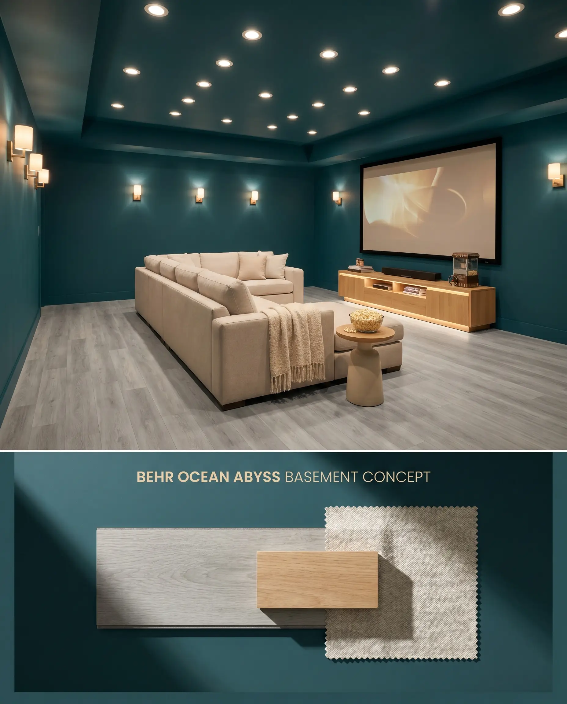 A two-part digital rendering illustrating a windowless home theater wrapped in dark blue-green walls on top, and luxury vinyl plank samples on the bottom section.