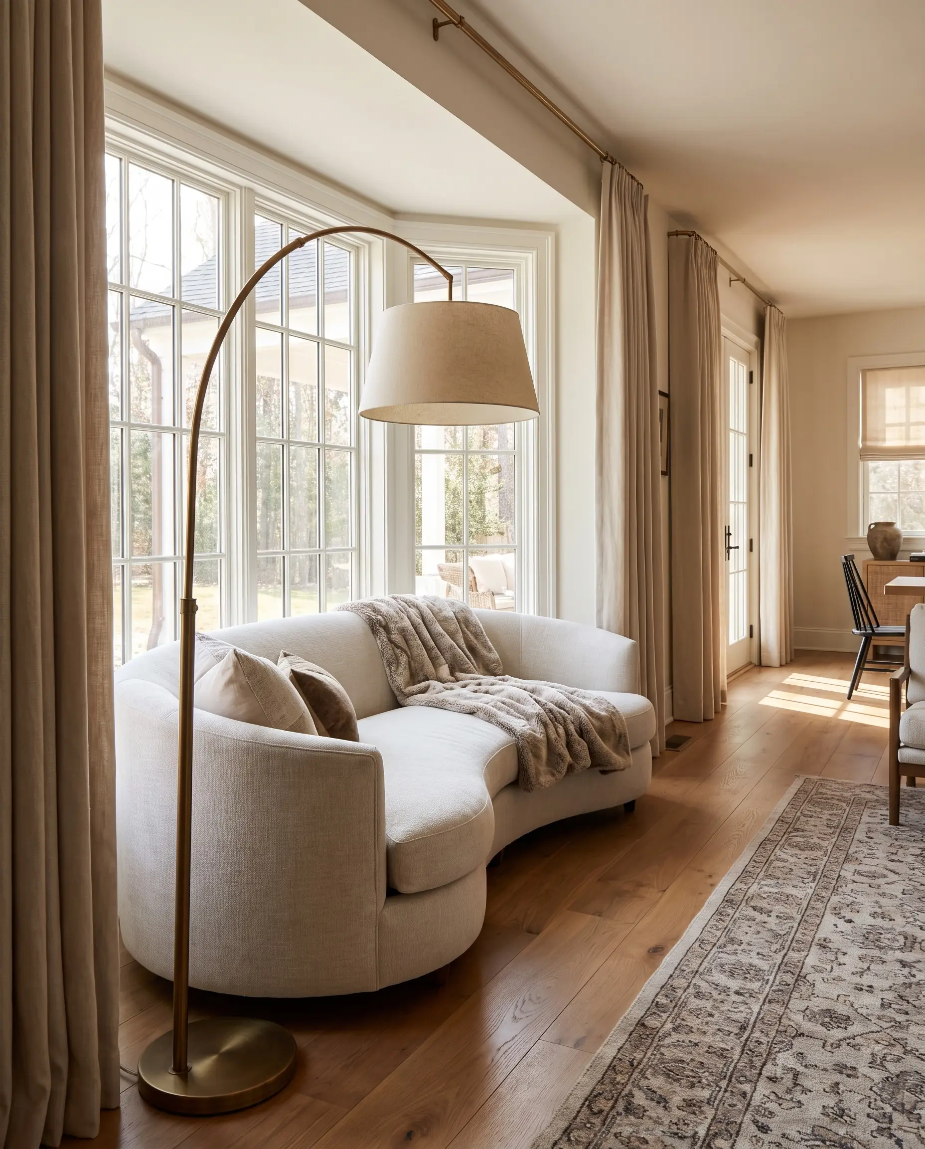 A low-profile crescent sofa upholstered in performance linen fits perfectly into a classic bay window alcove beside a sweeping metallic floor lamp.