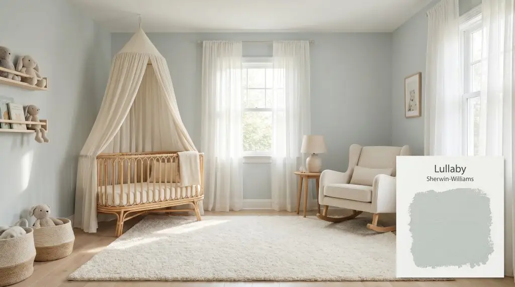 A natural rattan crib sits on a plush cream rug surrounded by peaceful walls coated in Sherwin-Williams Lullaby (Hex #CBD4D4) in soft morning light.
