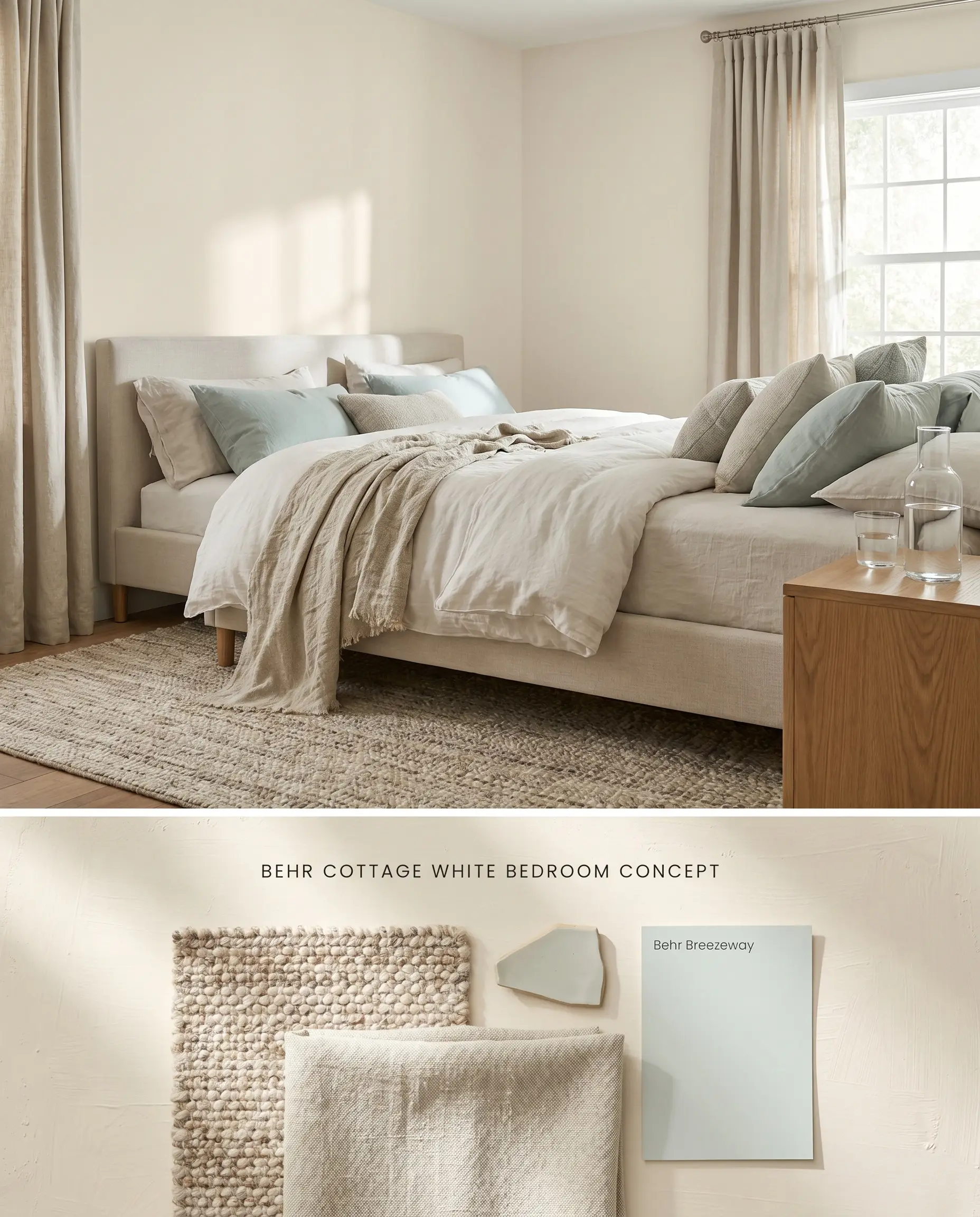 A split digital conceptual board for a transitional bedroom, featuring honey gold undertones on the walls above physical wool rug, thick linen, and matte ceramic samples.