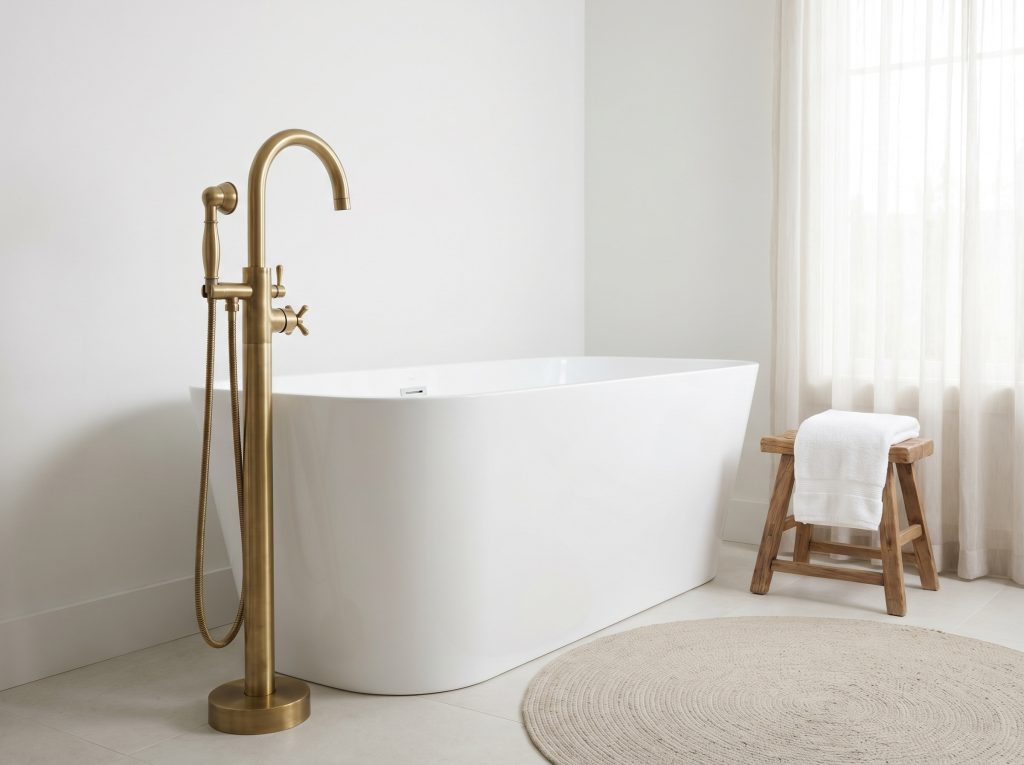 A statuesque floor-mounted brass telephone faucet extends its spout over the lip of a clean freestanding white acrylic soaking tub.