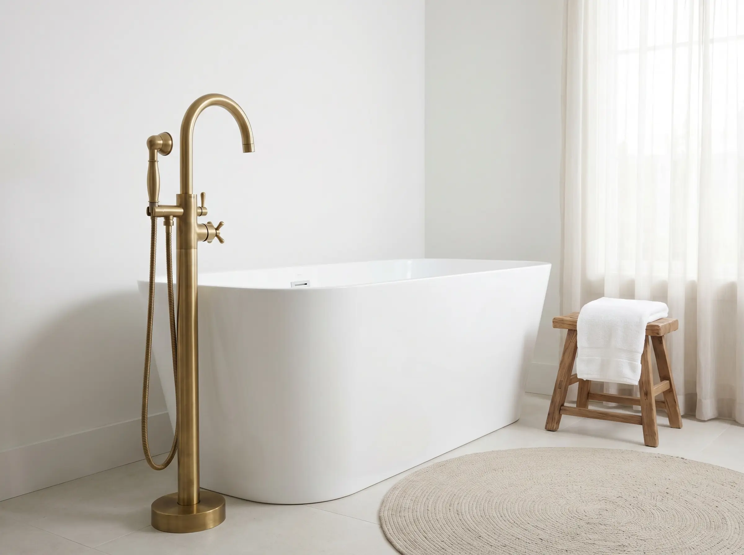 A statuesque floor-mounted brass telephone faucet extends its spout over the lip of a clean freestanding white acrylic soaking tub.