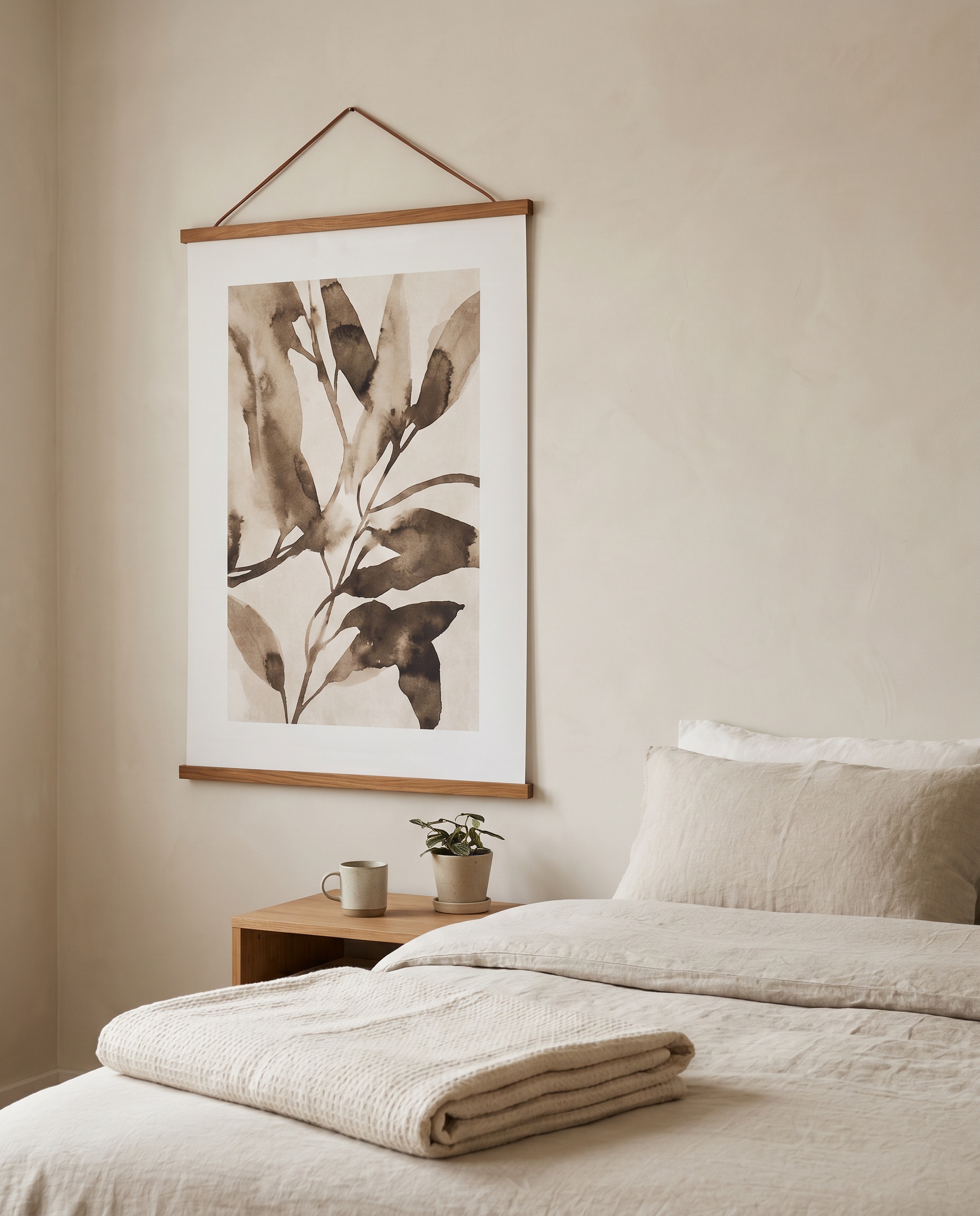 Solid teak magnetic hangers suspend a heavyweight canvas reproduction poster on a smooth plaster wall above a wooden nightstand in a Japandi bedroom.