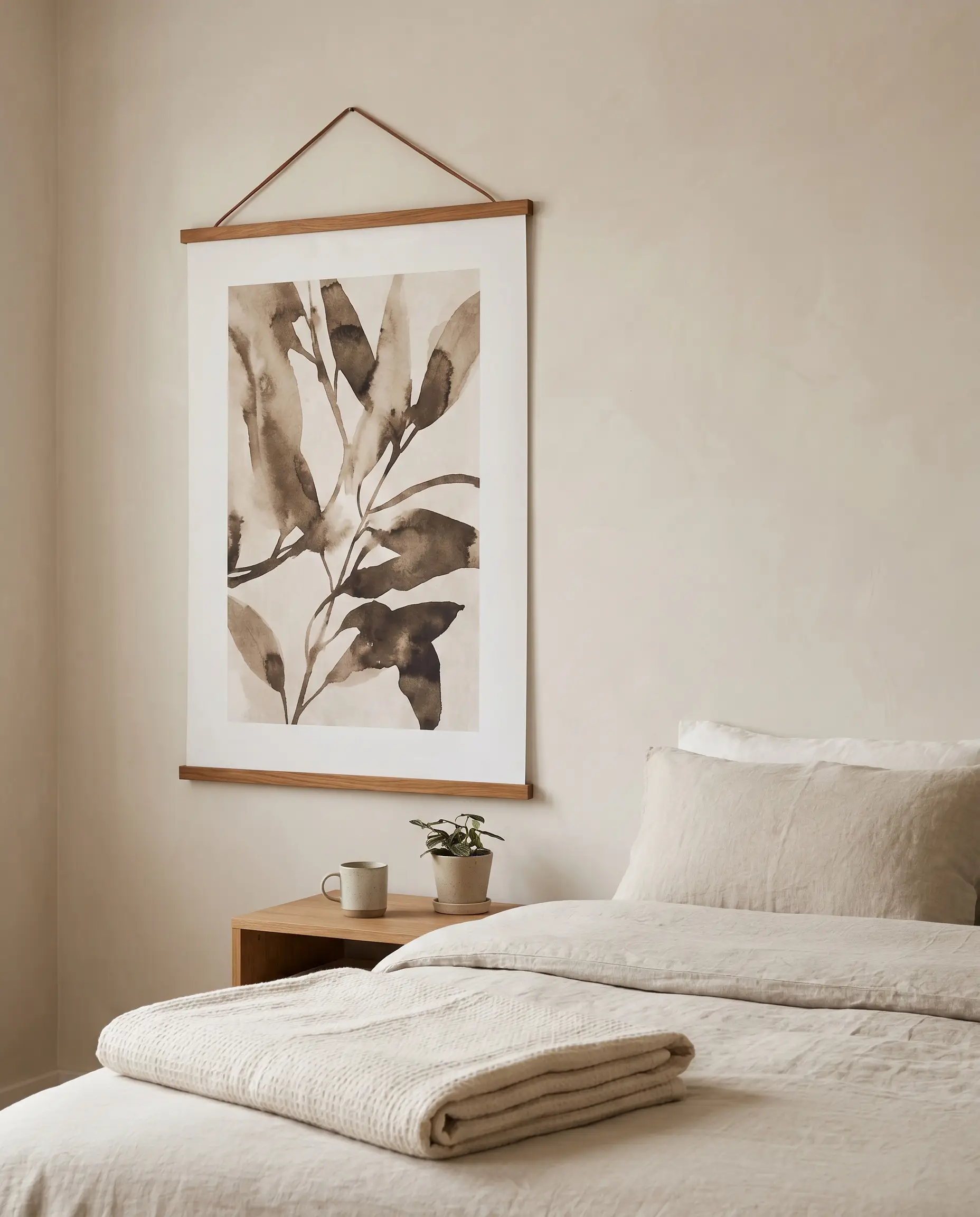 Solid teak magnetic hangers suspend a heavyweight canvas reproduction poster on a smooth plaster wall above a wooden nightstand in a Japandi bedroom.