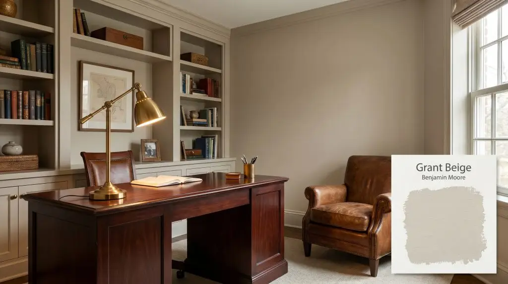 A dark mahogany desk and vintage leather armchair sit within a refined home office featuring warm greige walls in Benjamin Moore Grant Beige (Hex #CEC5B0).