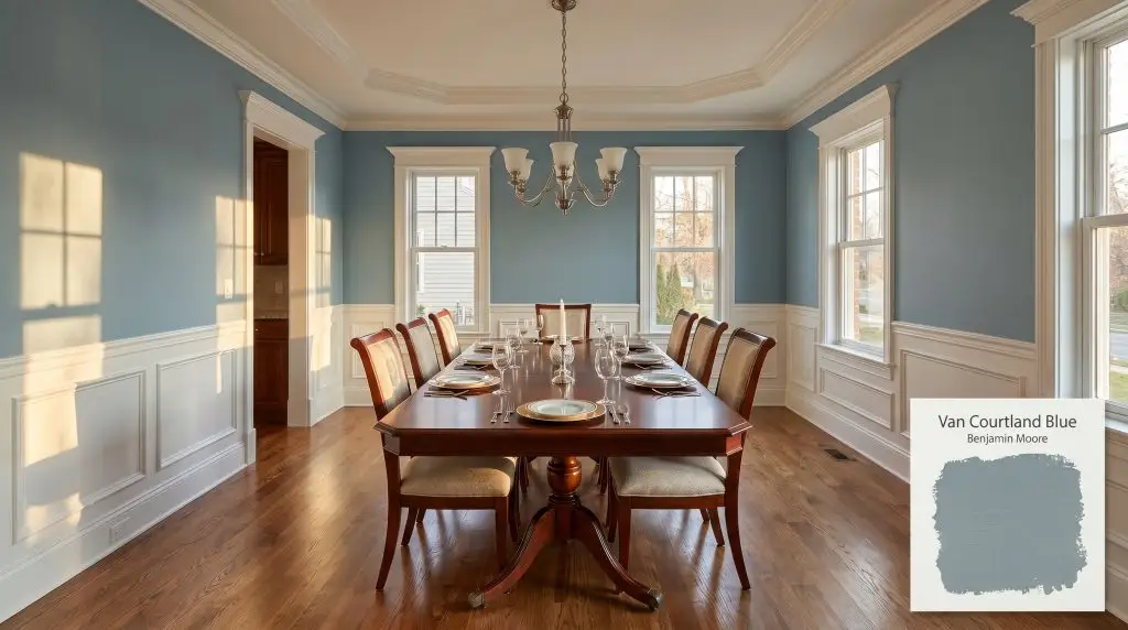 A rich mahogany table centers a dining space featuring crisp white wainscoting and walls coated in Van Courtland Blue (Hex #86989E).
