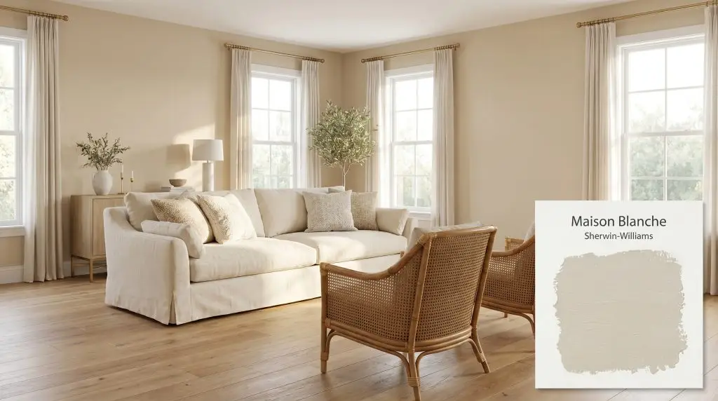 Natural oak floors and a cream linen sofa sit beneath walls painted in Sherwin-Williams Maison Blanche (Hex #DFD2BF) alongside woven rattan chairs.