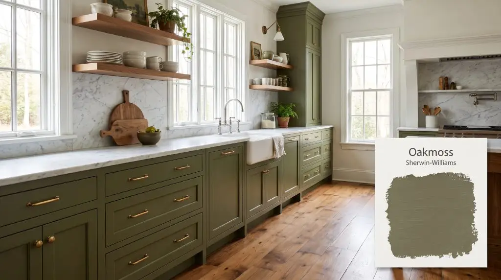 White marble countertops and warm wood open shelving complement lower kitchen cabinets painted in Sherwin-Williams Oakmoss (Hex #65684C).