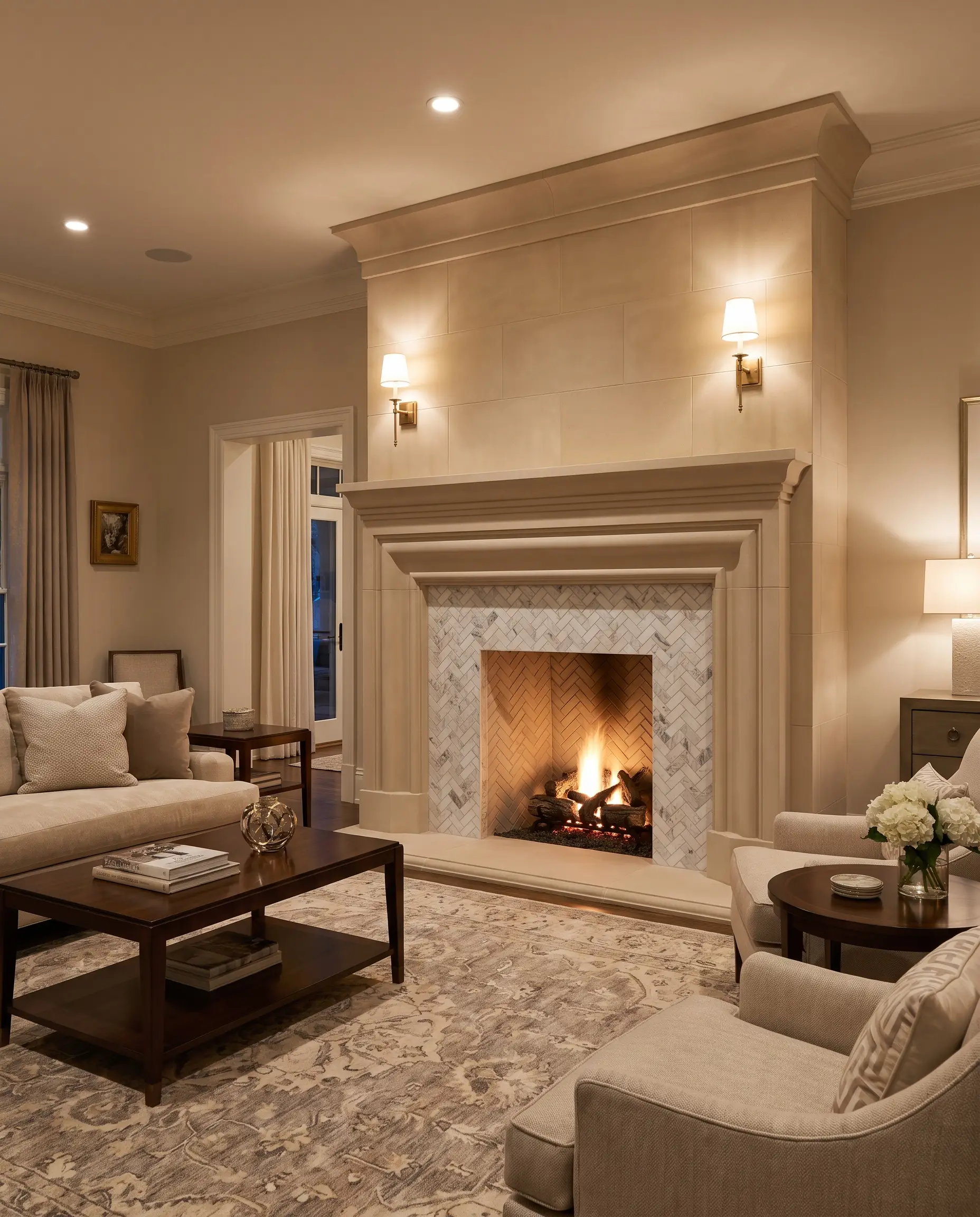 A recessed marble mosaic inlay sits perfectly flush within a defined picture frame border made of solid cast stone flanked by classic brass sconces.