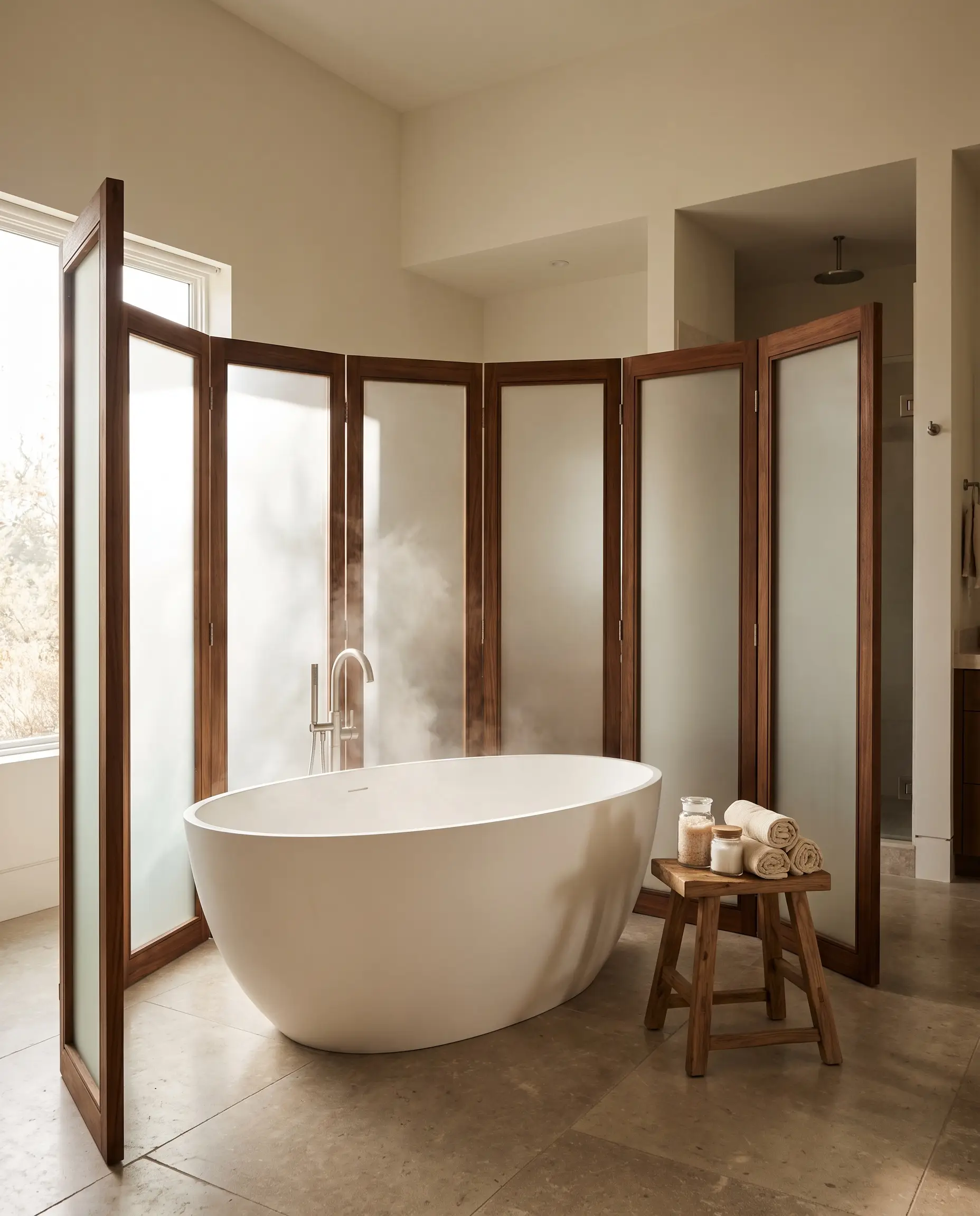 A marine-grade teak and frosted glass paravent gently wraps around a sleek freestanding soaking tub alongside a structural teak stool holding bath salts and rolled towels.