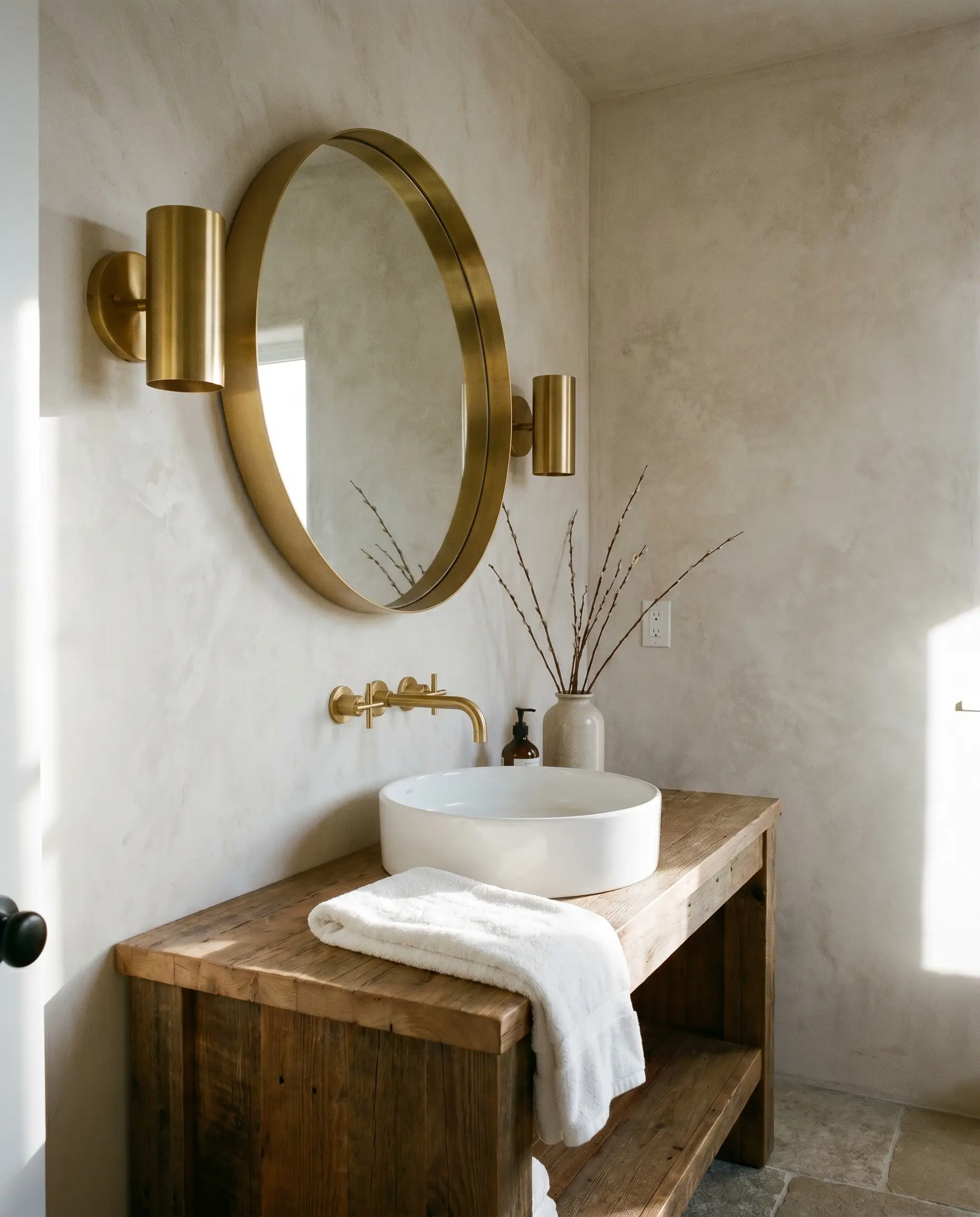 Brushed gold metal sconces and a matching mirror are mounted against a tactile Mariposa Roman clay plaster wall above a white ceramic sink.