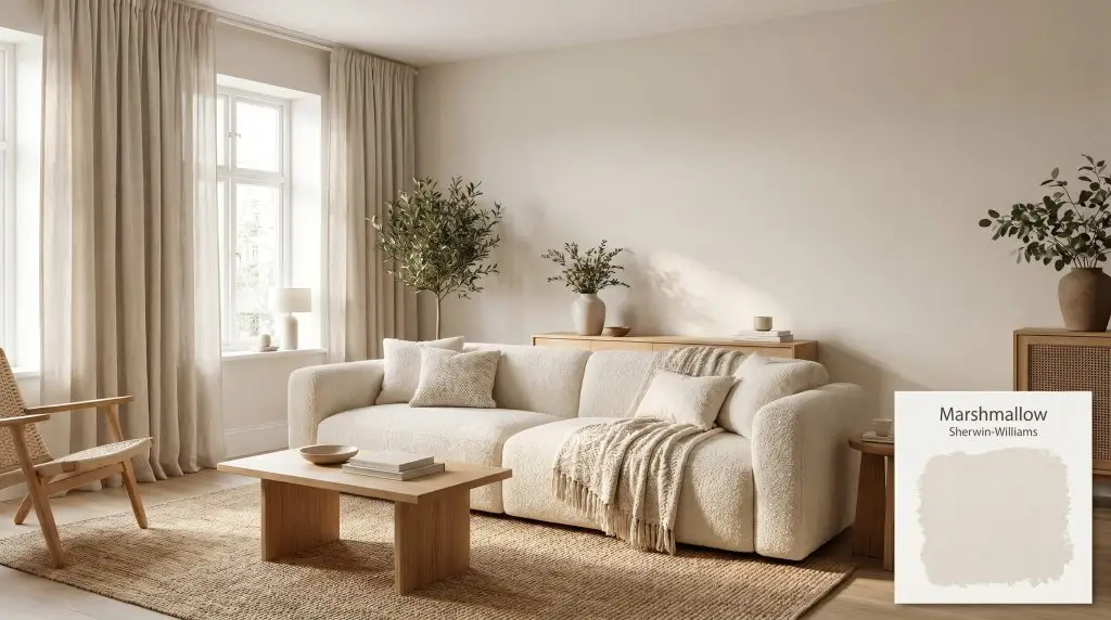 Soft morning light illuminates a plush cream bouclé sofa and light beige linen drapery against walls painted in SW Marshmallow (Hex #EEE9E0).