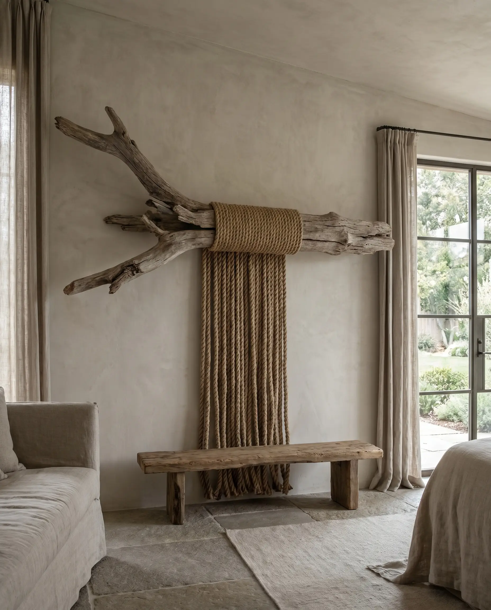 A massive driftwood branch wrapped tightly with thick raw natural sisal rope hangs above a grounded minimalist wooden bench.