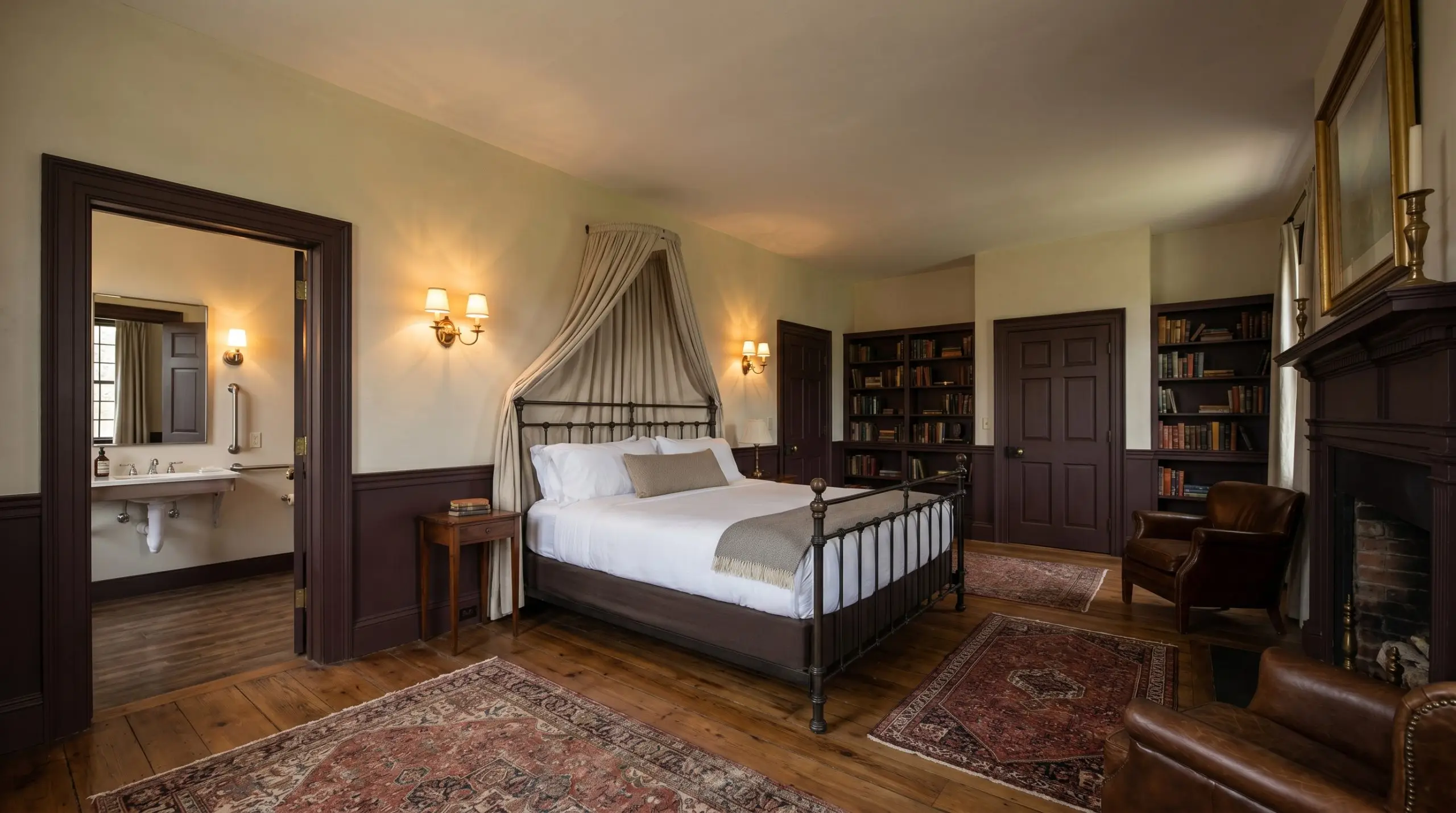 A classic iron bedframe anchors a master bedroom featuring a rich aubergine lower third wall, faded parchment upper walls, and antique brass sconces.