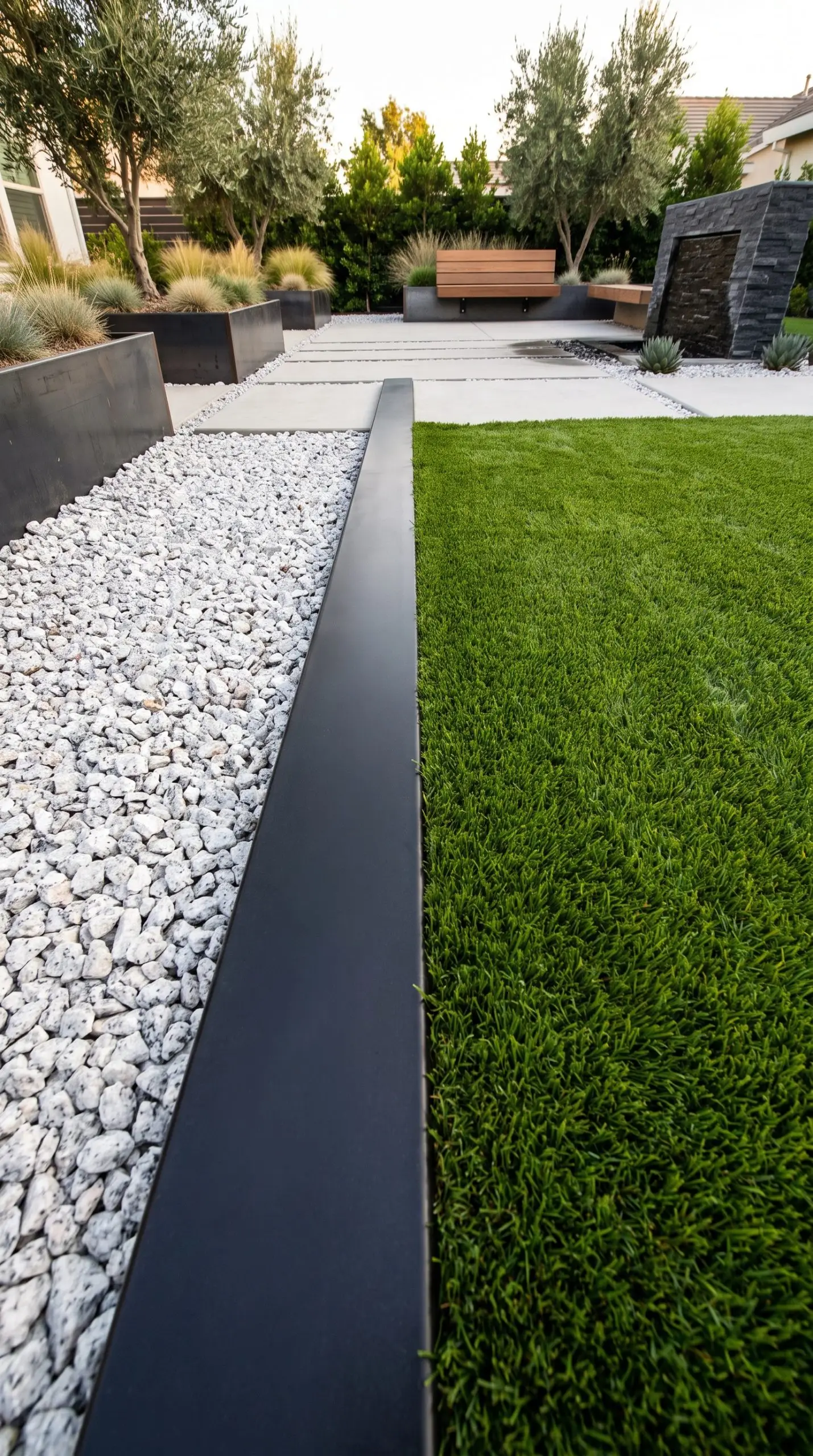 Heavy-gauge matte black aluminum edging creates a sharp transition between crushed white granite and a lush green lawn in this modern zen garden.