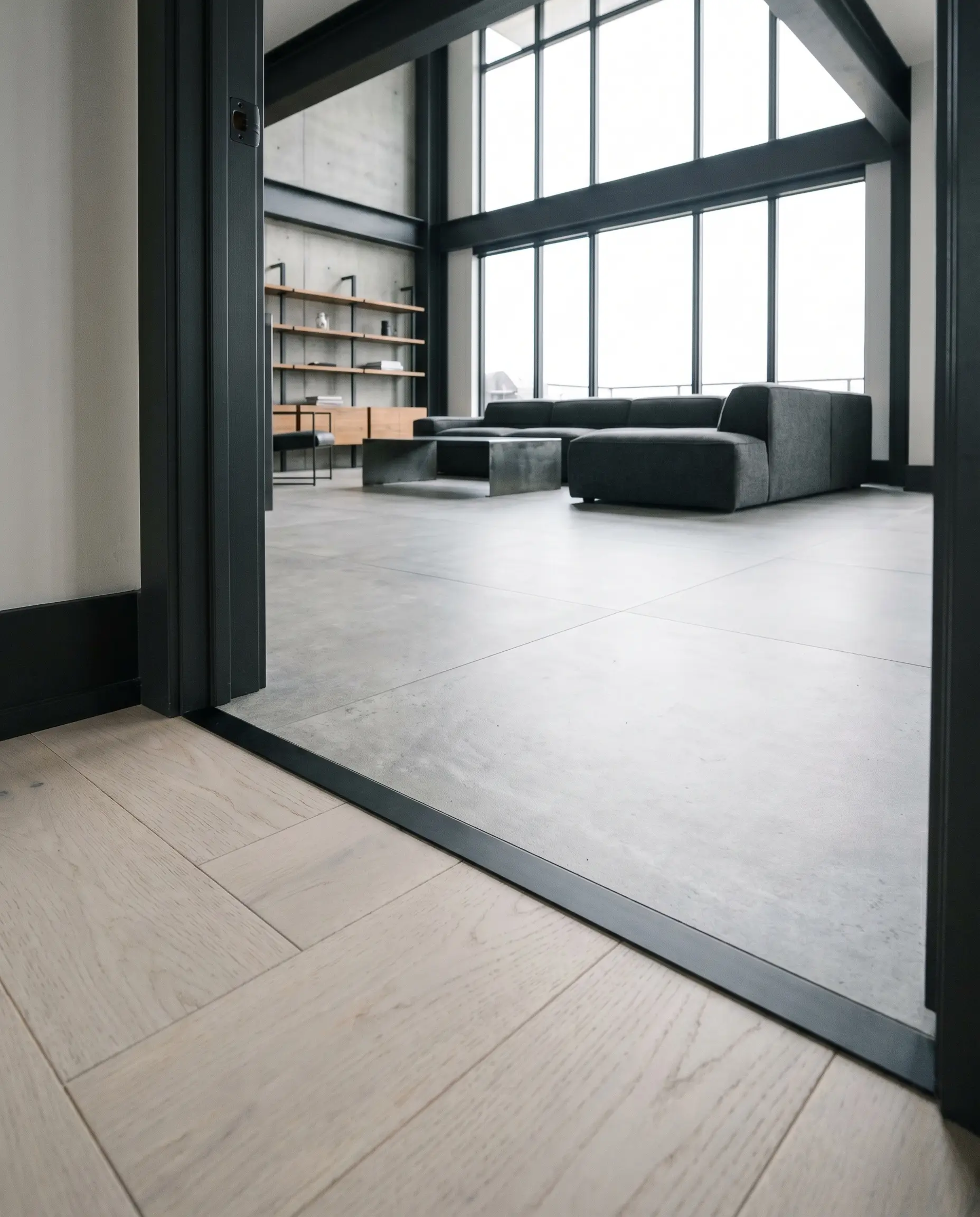 A 1/8-inch matte black anodized aluminum L-angle profile separates pale ash engineered hardwood from large-format concrete-look porcelain tiles near Tricorn Black painted baseboards.