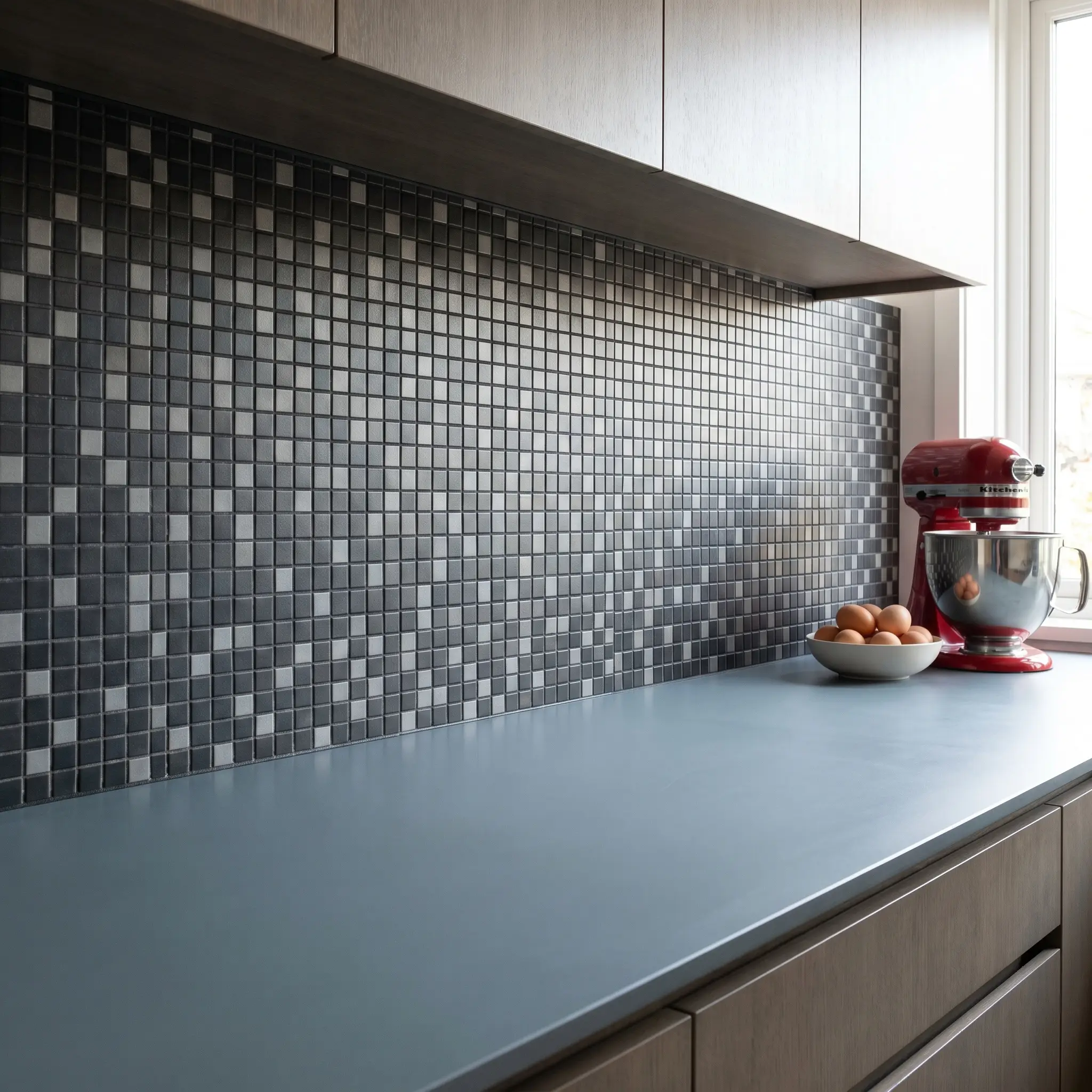 A 1x1-inch matte ceramic micro-mosaic kitchen backsplash tile with contrasting charcoal epoxy grout lines creates a postmodern grid above a solid Corian countertop.