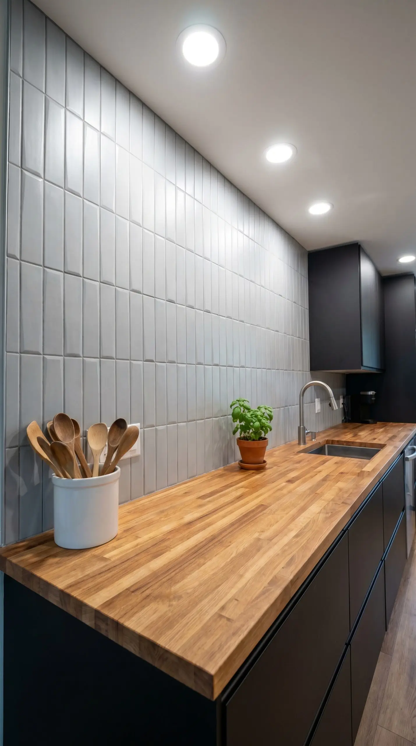 A matte geometric ceramic backsplash installed in a crisp vertical straight stack layout counterbalances the deeply organic, horizontal grain of a warm butcher block countertop.