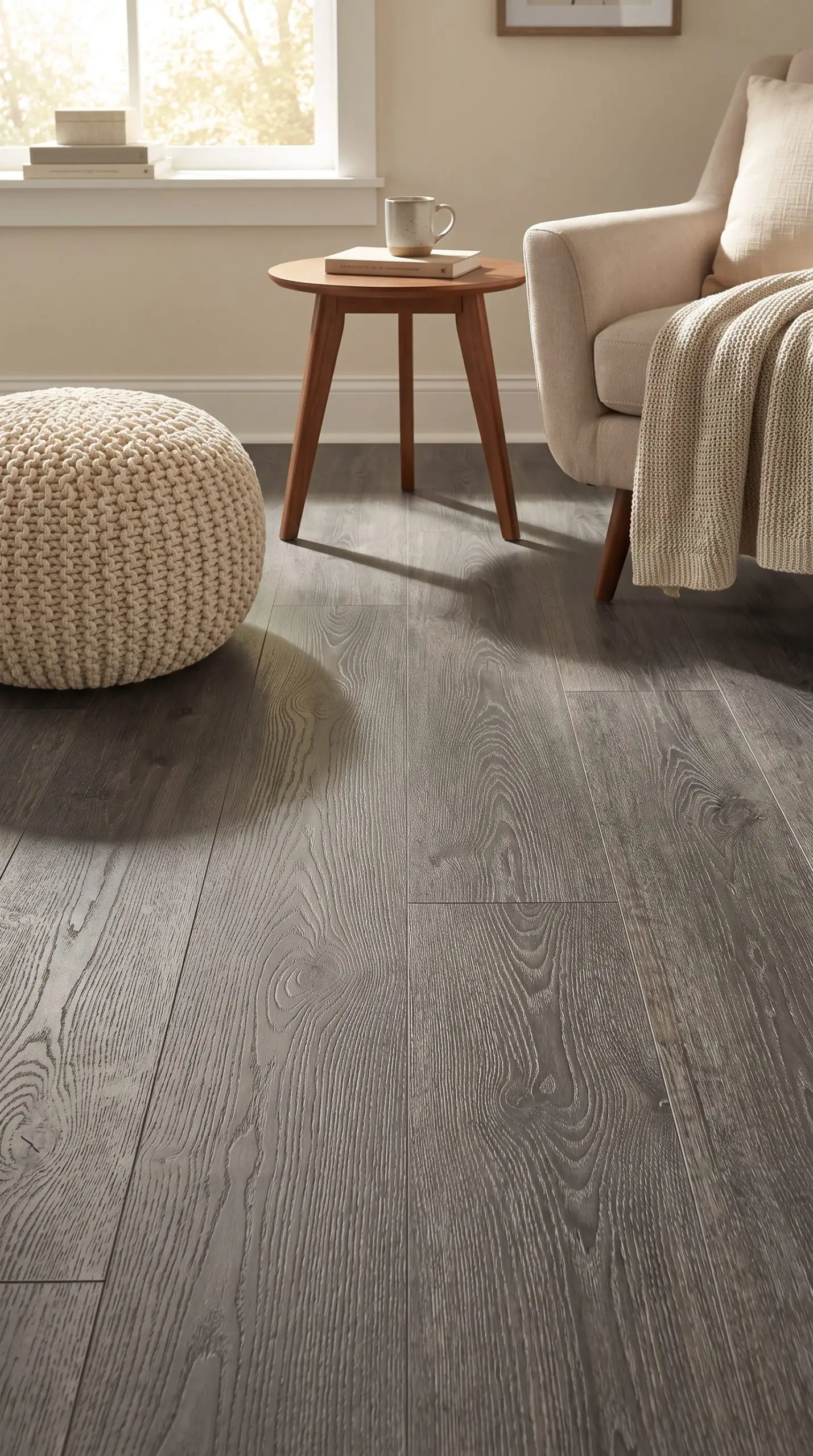 A mid-century modern walnut side table and woven floor pouf rest on matte luxury vinyl plank gray flooring with wire-brushed embossing.