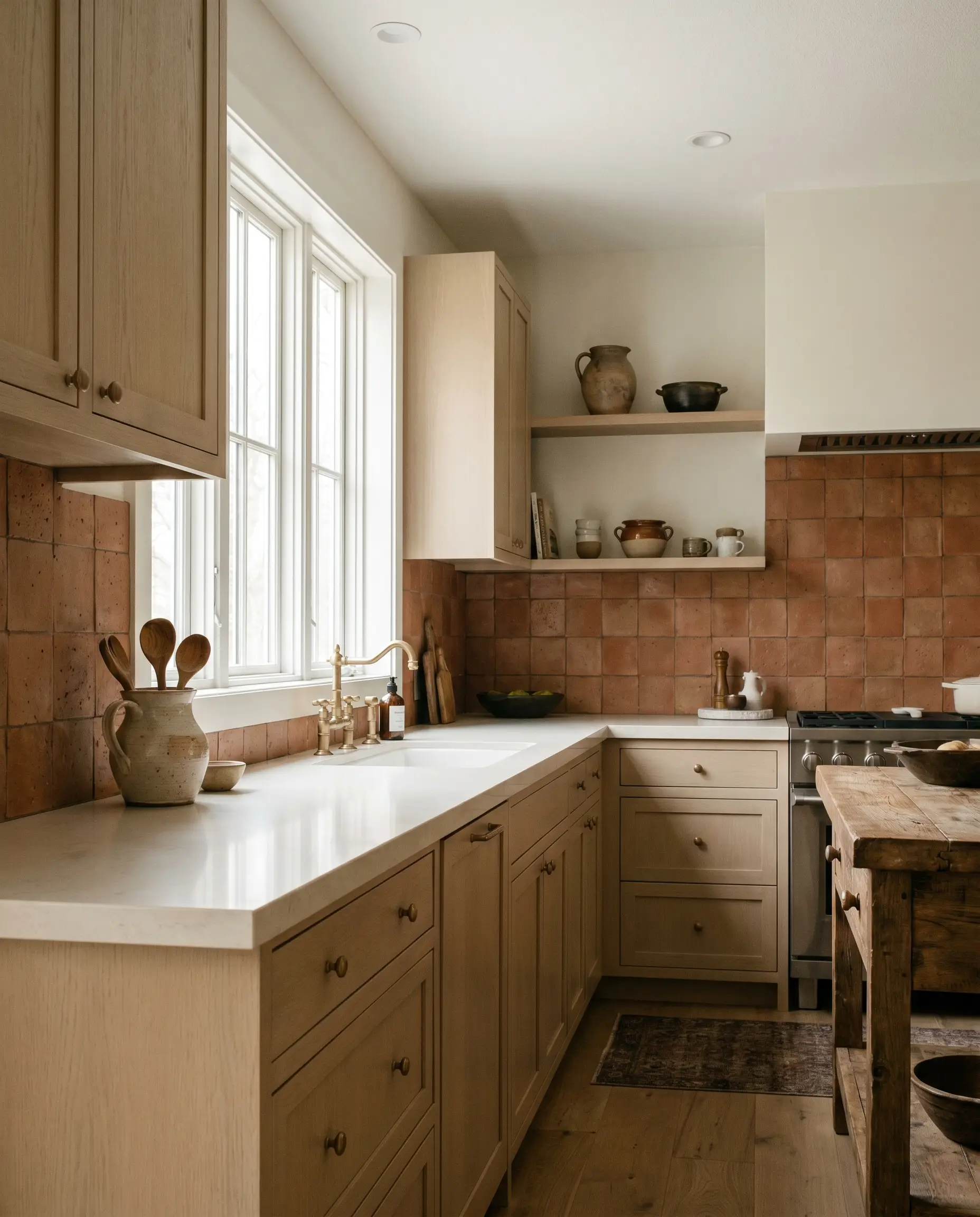 A 6x6-inch sealed matte terra cotta square backsplash rises above a solid cream quartz countertop and rift-sawn white oak cabinets painted in Joa's White.
