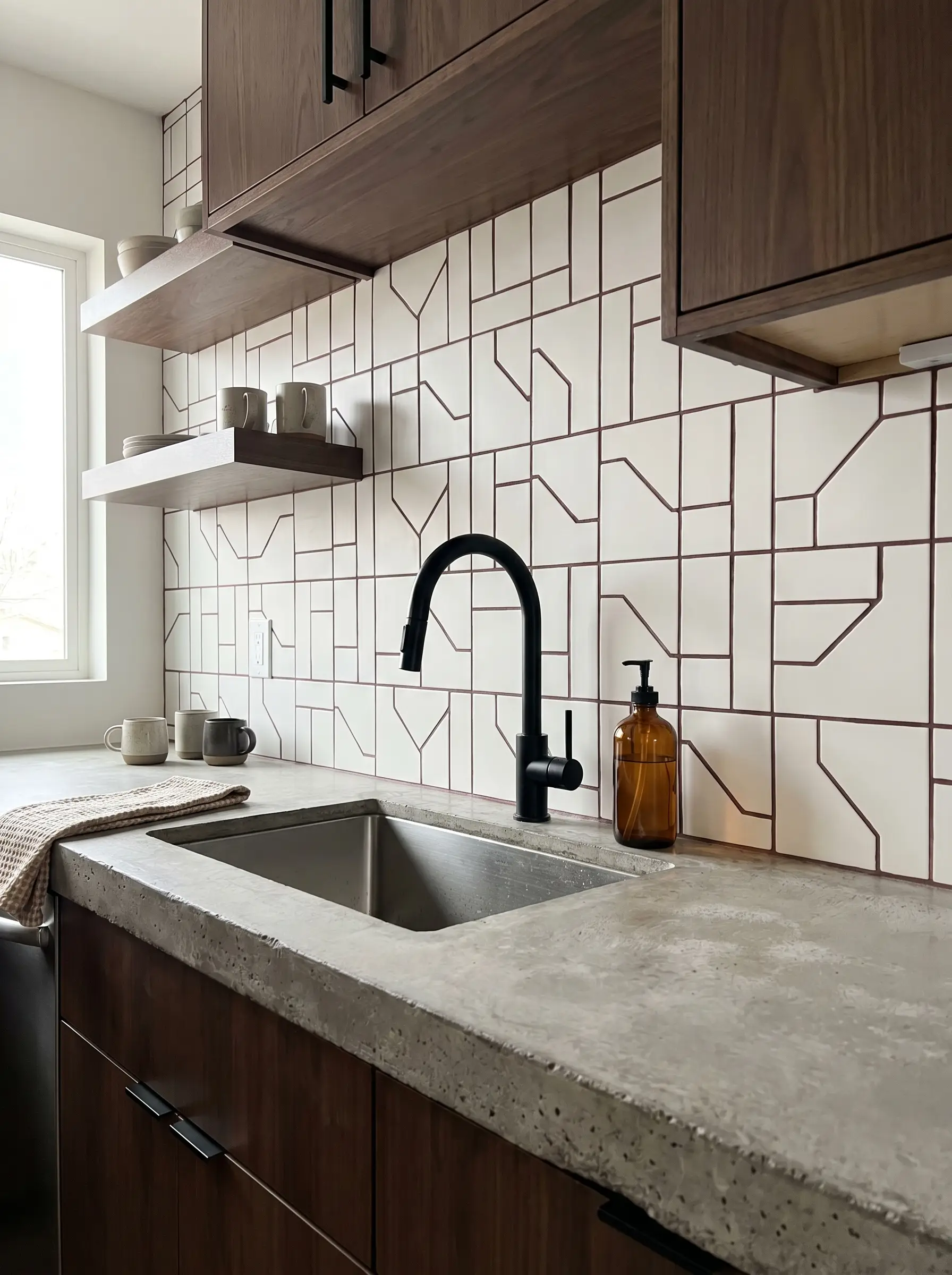 High-contrast dark terracotta Mapei grout lines frame a 4x4-inch matte white ceramic backsplash above a poured concrete countertop featuring a stainless steel sink.