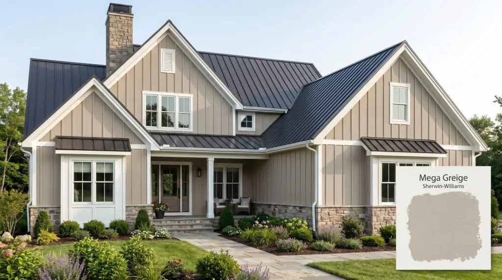 Bright natural daylight illuminates a modern farmhouse exterior featuring warm greige siding painted in SW 7031 (Hex #ADA295), crisp white trim, and stone accents.