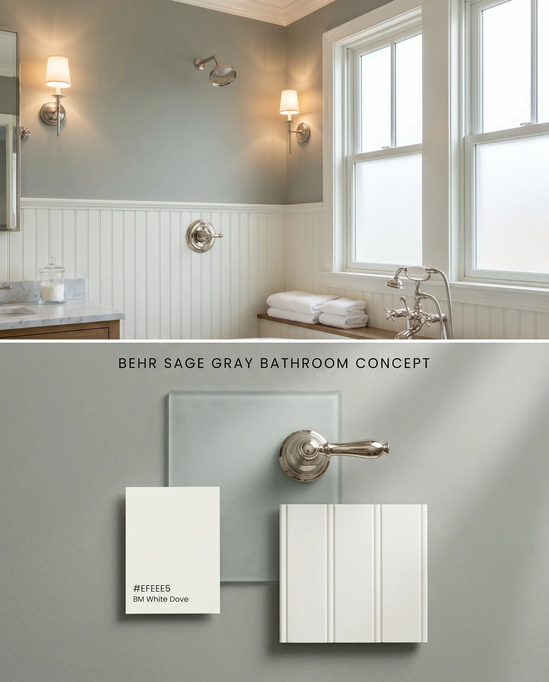 A split digital conceptual board for a well-lit bathroom displaying Behr 710F-4 on upper walls above crisp beadboard, paired with a tactile bottom section of polished nickel and frosted glass.