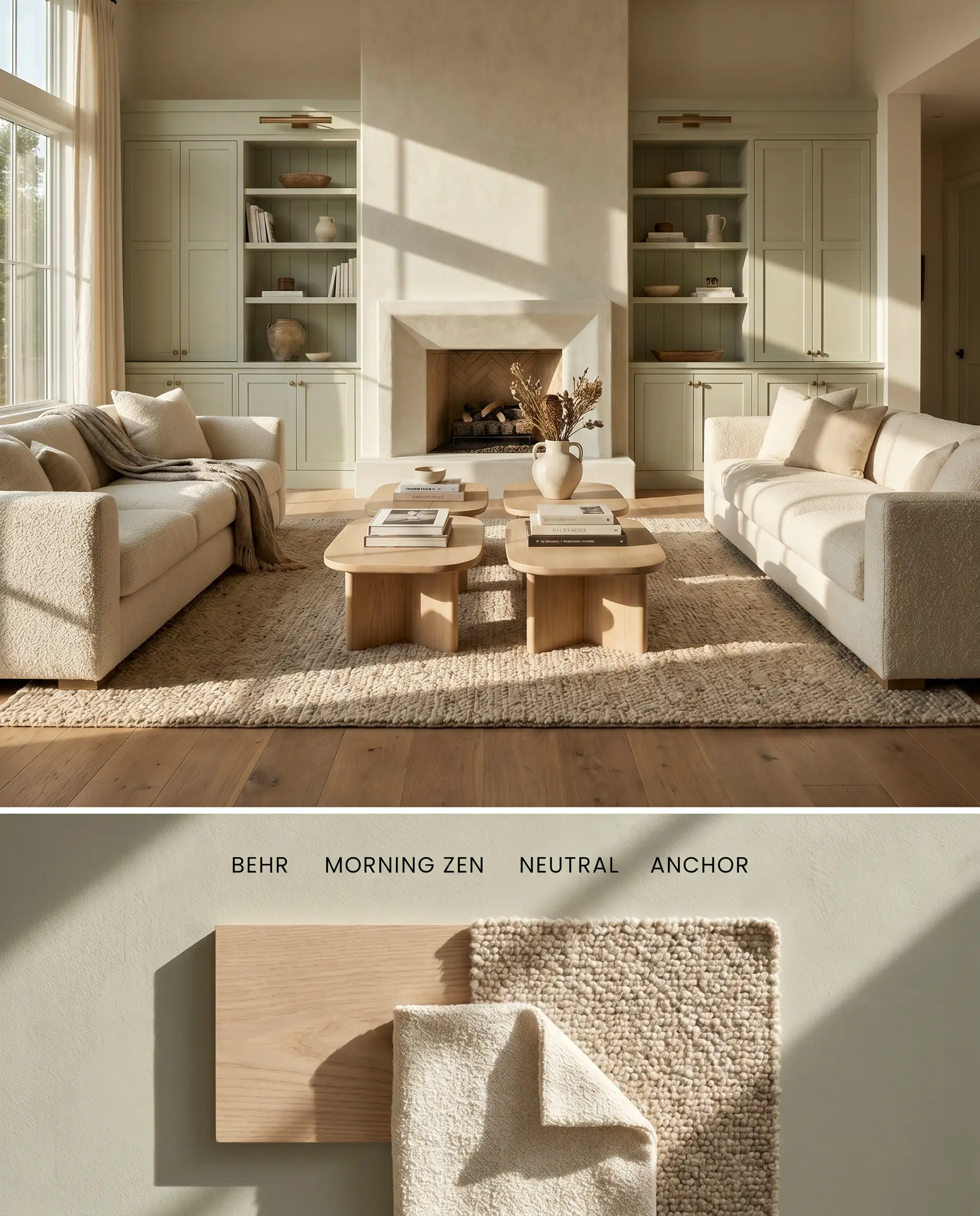 A split digital conceptual board featuring a gathering space with a gray-green focal fireplace wall above, and tactile swatches of ash wood and boucle fabric below.