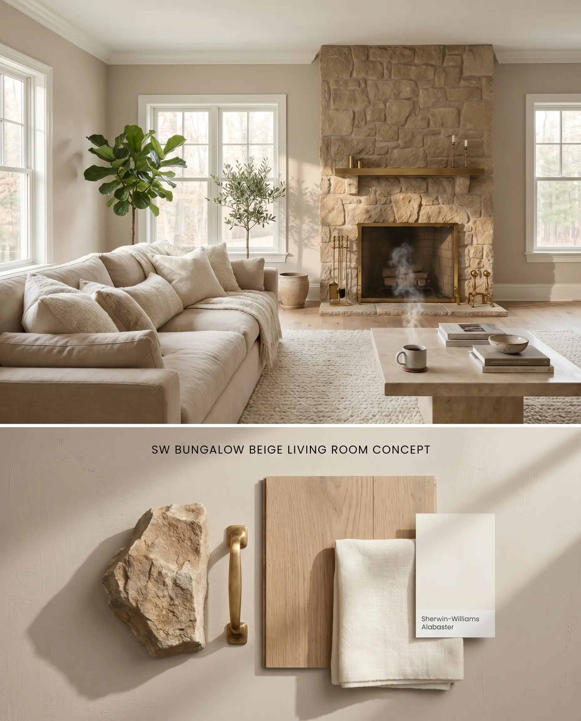 A split digital conceptual board showcasing an earthy beige living room on top, paired with physical materials like natural stone, brass, and oak on the textured bottom section.