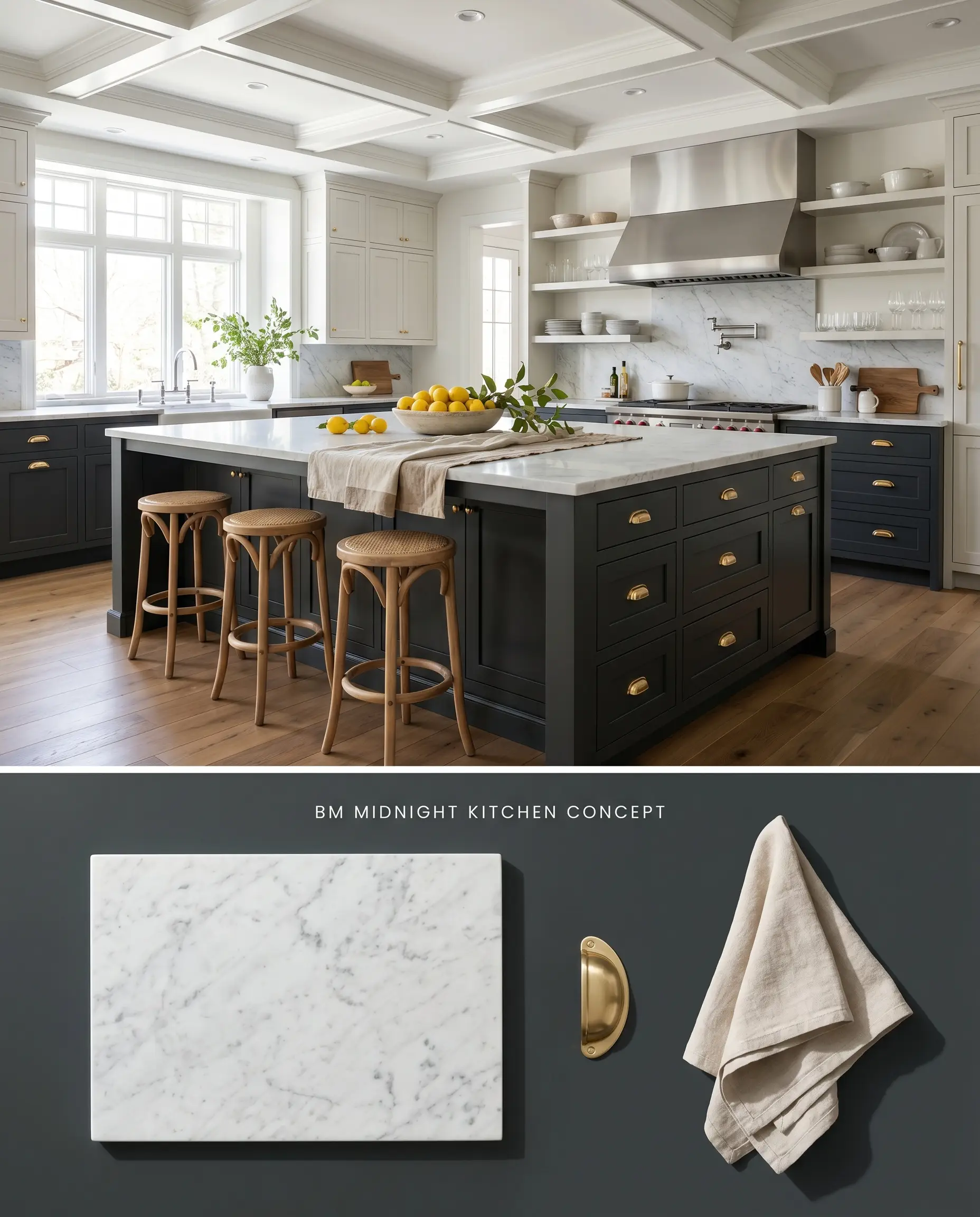 A split digital conceptual board for a kitchen displaying a moody teal center island above and a physical flat-lay of Carrara marble and brass below.