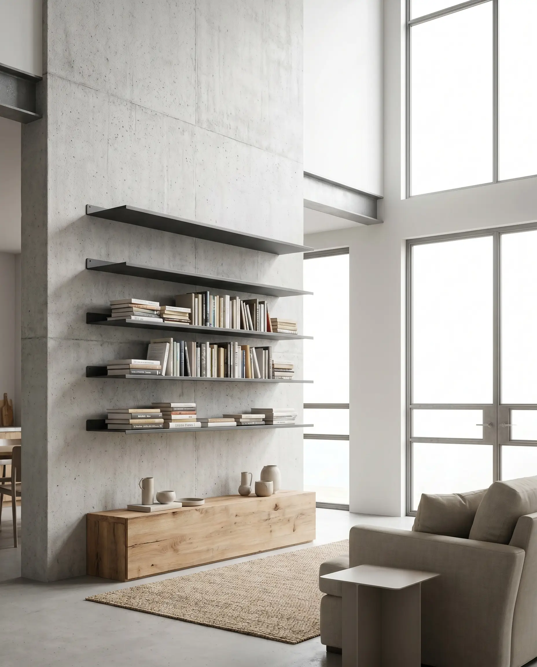 Powder-coated cold-rolled steel profiles form ultra-thin floating ledges, utilizing hidden spine-bookends to support stacks of books with a minimalist spatial footprint.
