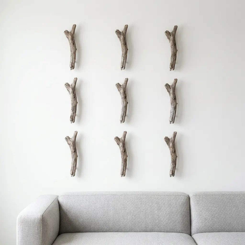 Nine identical straight sticks form a mathematically precise driftwood wall art grid using hidden micro-dowels above a clean-lined modern sofa.