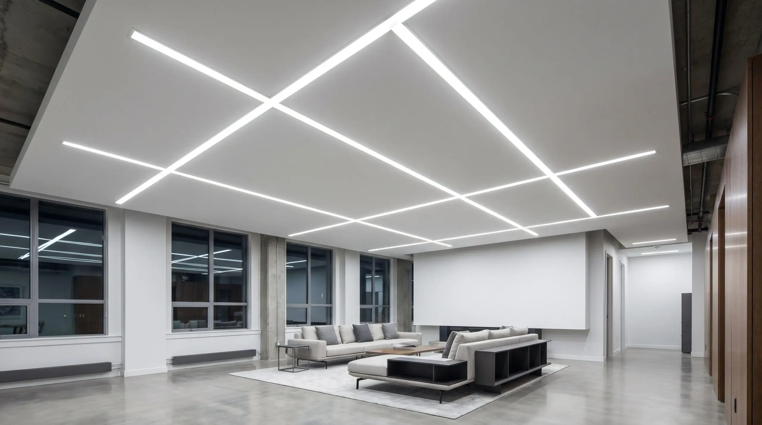 Flush-mount aluminum LED extrusions replace standard cross tees in a suspended grid system above a minimalist hallway seating area with low-profile modern furniture.