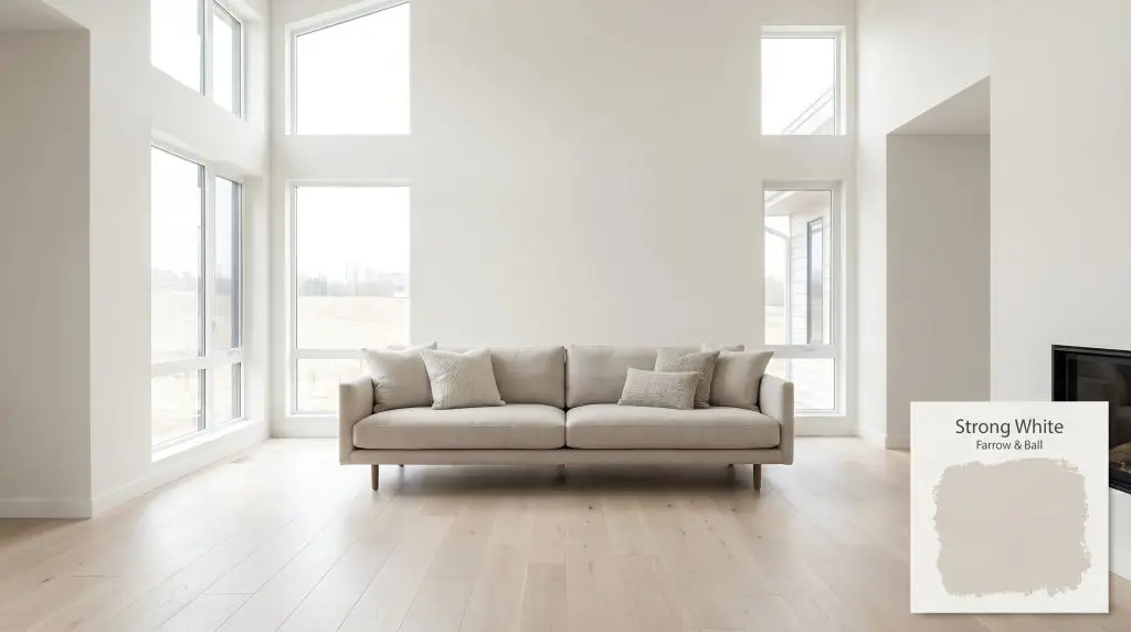 Large architectural windows and pale wide-plank oak floors frame a sleek linen sofa against walls finished in Strong White (Hex #e4e2dc).