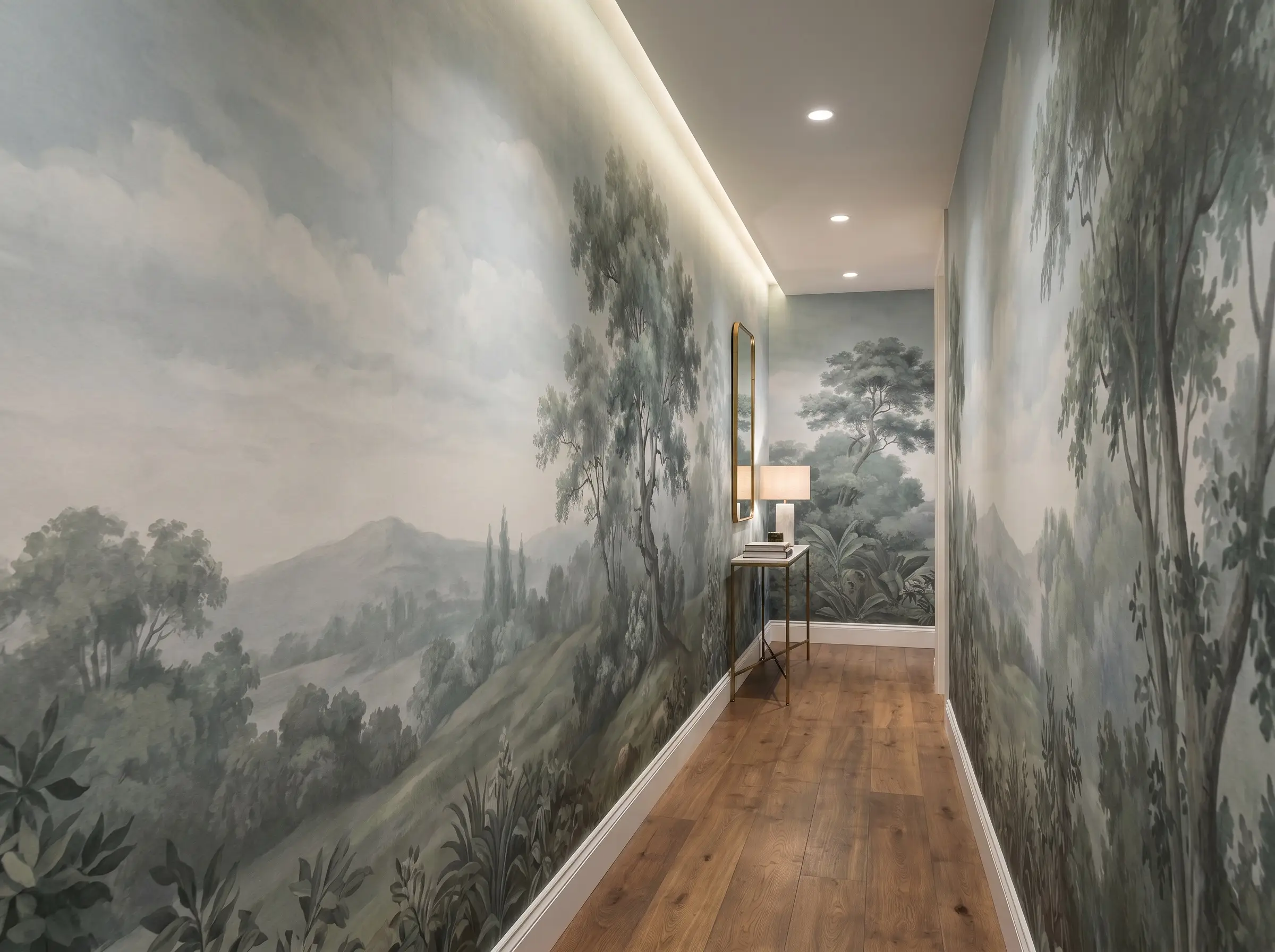 A continuous non-woven scenic mural wallpaper featuring a misty botanical landscape covers the drywall above warm wood plank flooring.