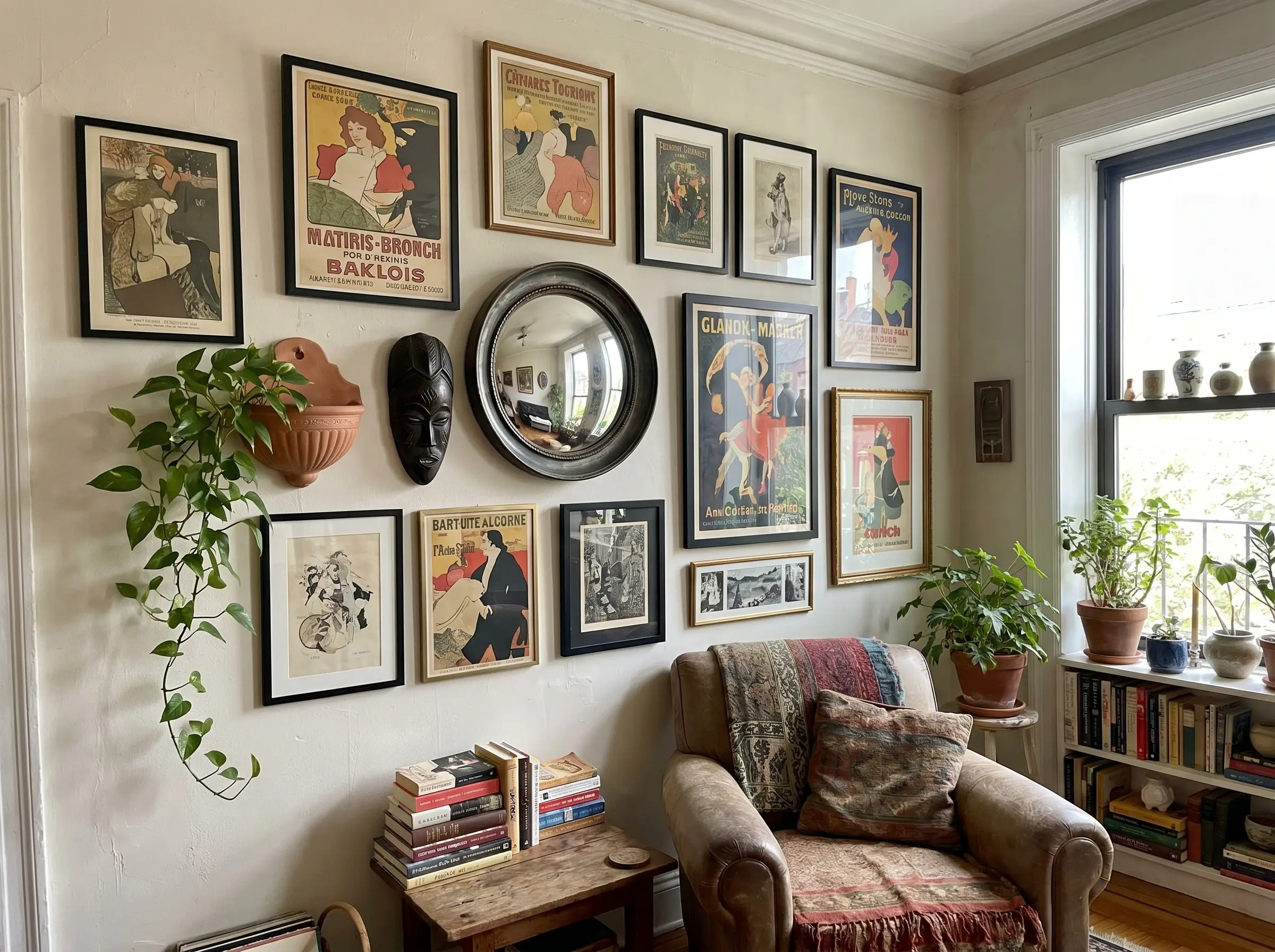 An eclectic gallery wall demonstrates interior decorating using posters by mixing flat framed prints with a round convex mirror and a carved wooden mask.