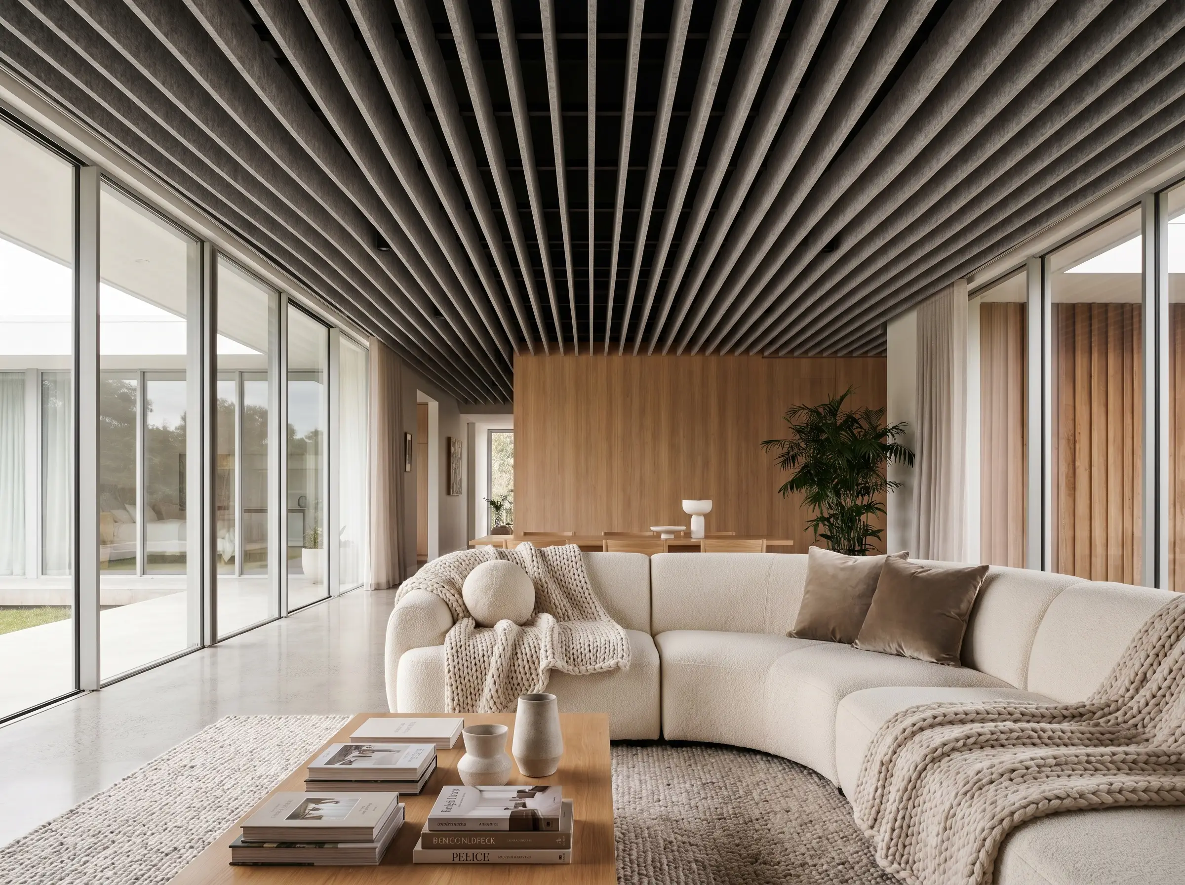 Heather gray vertical acoustic PET felt baffles clip onto a suspended grid over a soft contemporary living area featuring a plush modular sofa.