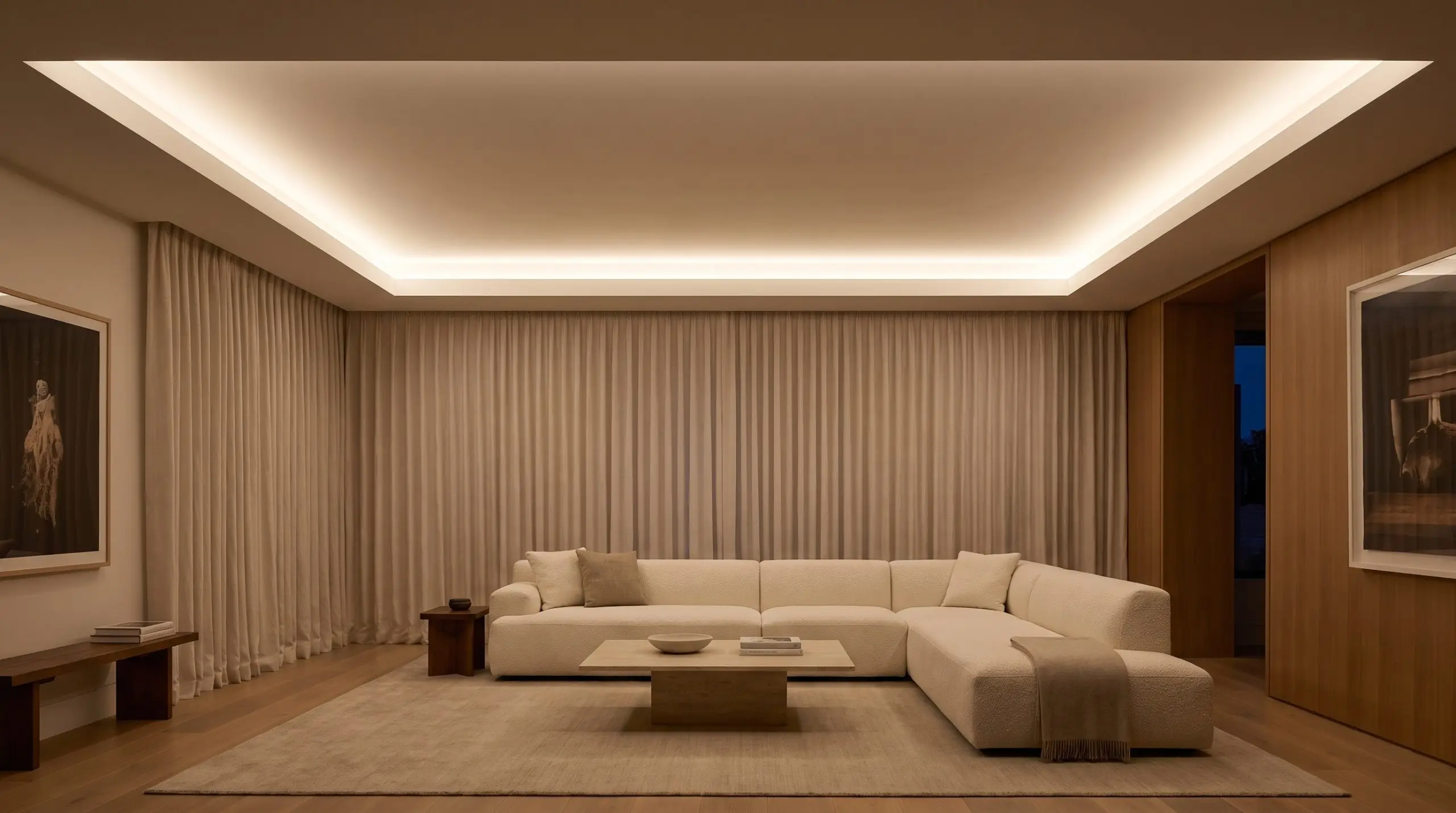 A modern drop ceiling features a secondary drywall bulkhead with hidden cove lighting surrounding an ambient living room with a low-profile sectional sofa.