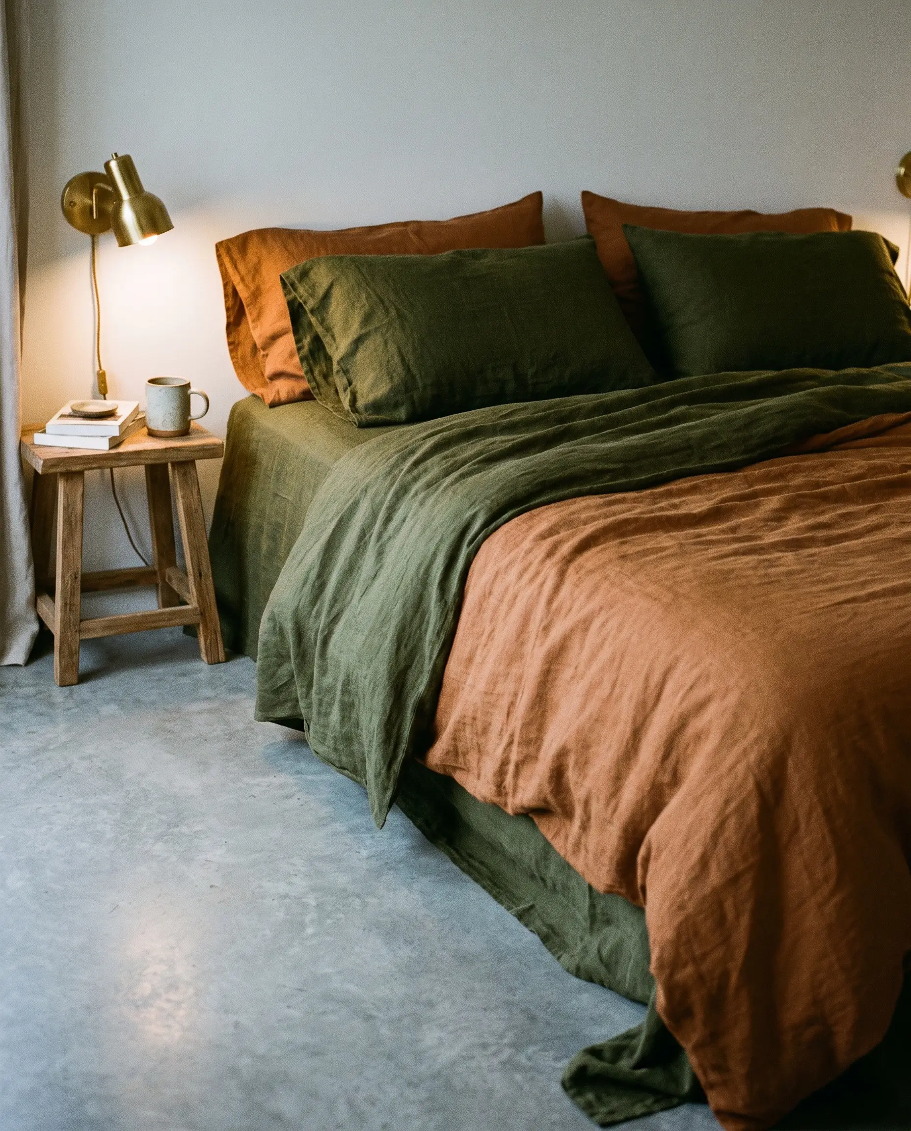 Washed French linen bedding in deep olive green and rust tones sits beside a wooden nightstand and warm brass reading sconce.